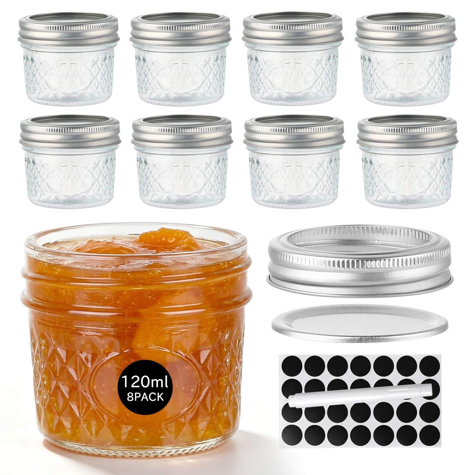 OAMCEG 8 Pack 120ml Mason Jars with Lids - Airtight Regular Mouth Glass Jars with Silver Metal Lid, Includes Round Sticker Labels and Marker Pen for Pickling, Jam, Honey, Food Storage