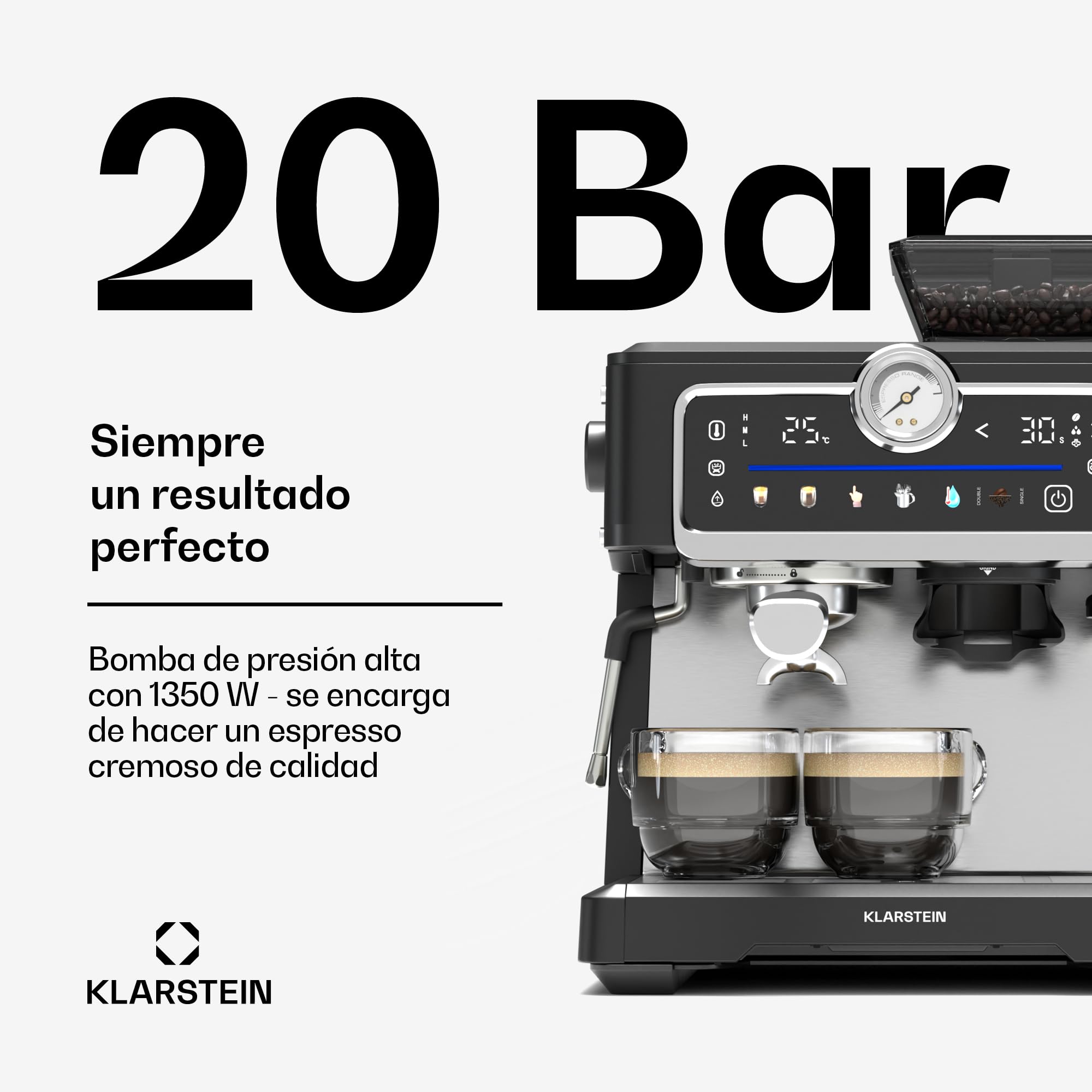 Klarstein GrandPresso Touch Cafetera Exprés 20 Bares - Pantalla Táctil, Molinillo Integrado, 2,3L, Boquilla de Vapor, Acero Inoxidable, Negra, Cafetera Espresso