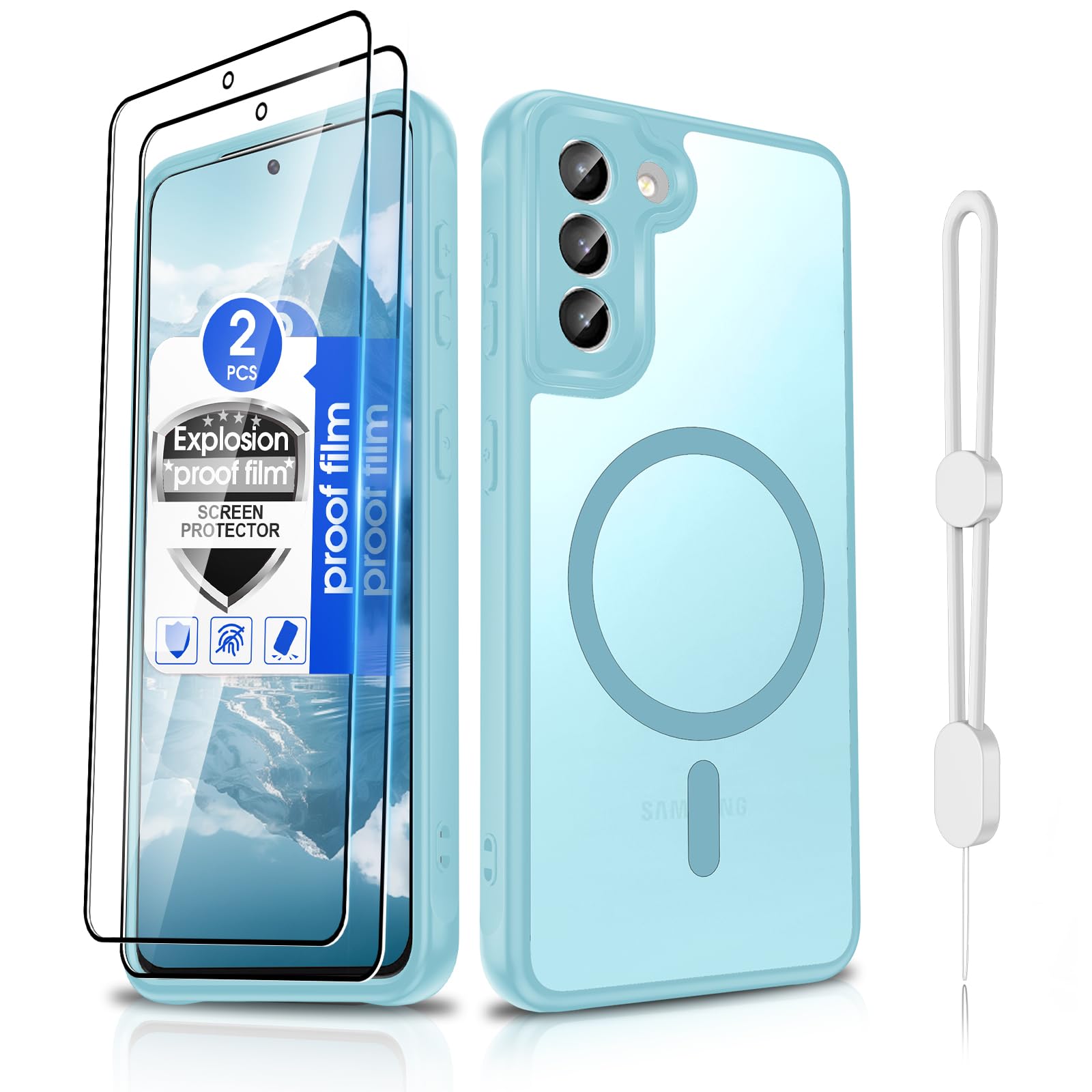 Dizn Magnetic for Samsung Galaxy S21 Case,Slim Silky Soft Touch,Matte Translucent Cover.with Explosion-Proof Film,Strap,Compatible with MagSafe,Military Grade Shockproof Protective for S21,Light Blue