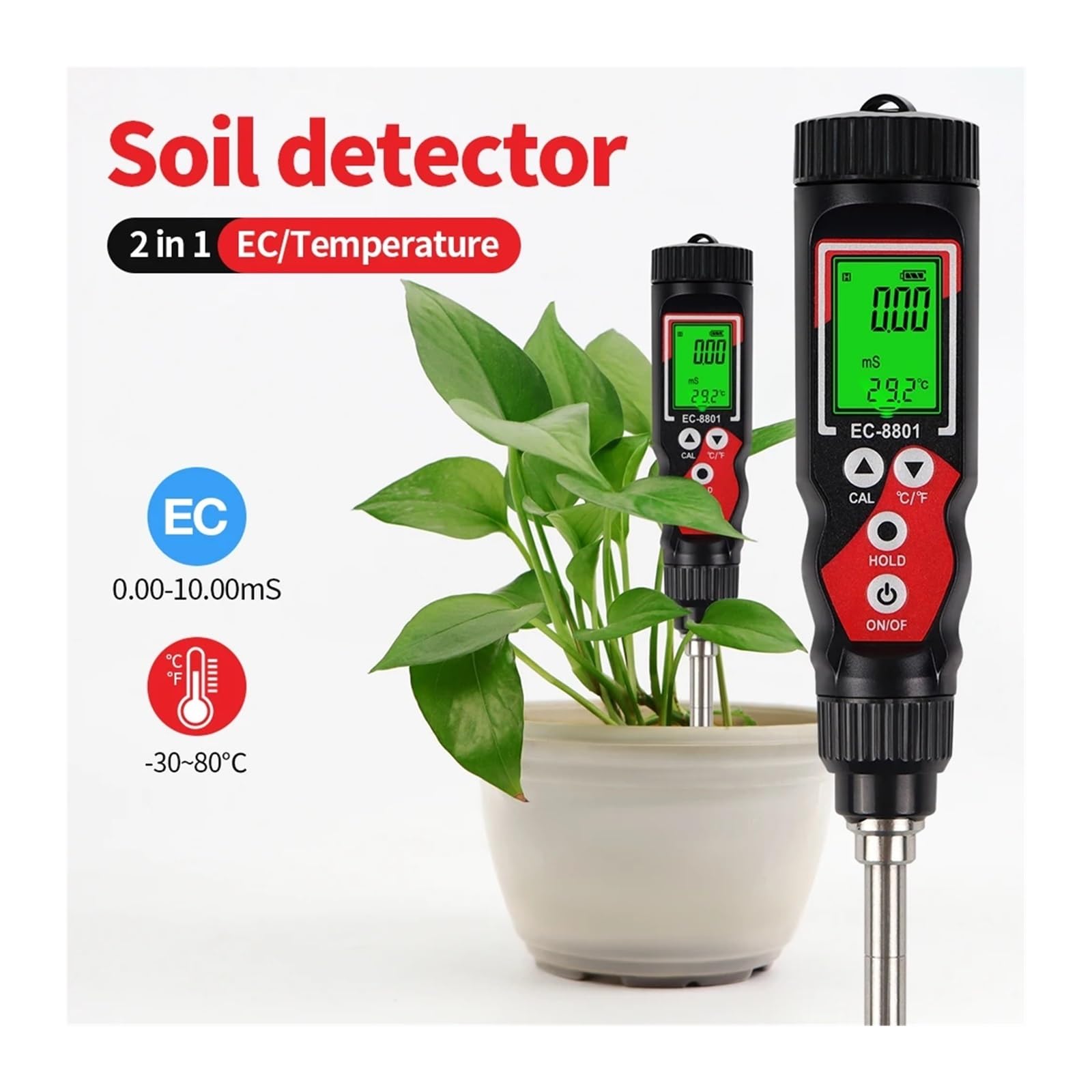 Misuratore di conducibilità termica del terreno EC8801 ad alta precisione 0,00-10,00 mS, tester di conducibilità termica del terreno, analizzatore del terreno for giardinaggio floreale e agricoltura