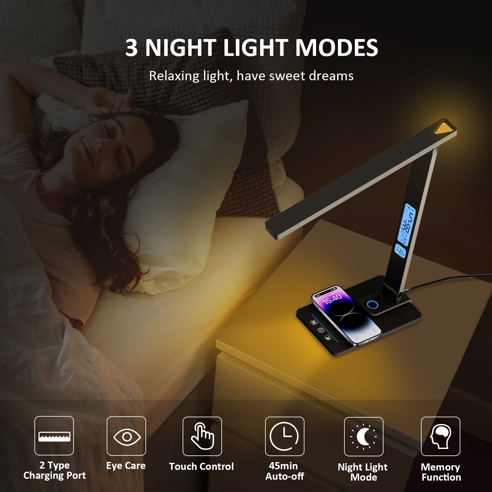 YAMYONE Lampada da Scrivania LED Tavolo Touch Control 3 Modalità 5 Livelli Luminosità Wireless USB Ricar… — immagine 7 di 12