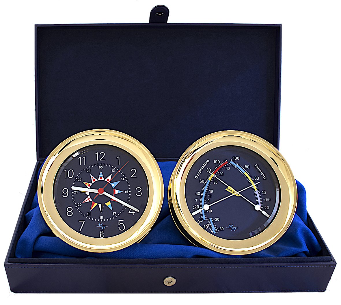 Master-Mariner Blue Mariner Collection, 10 Pack Nautical Windlass Gift Set, 5.85” Diameter Clock and Comfort Meter Instruments, Gold Finish, Blue Signal Flag dial