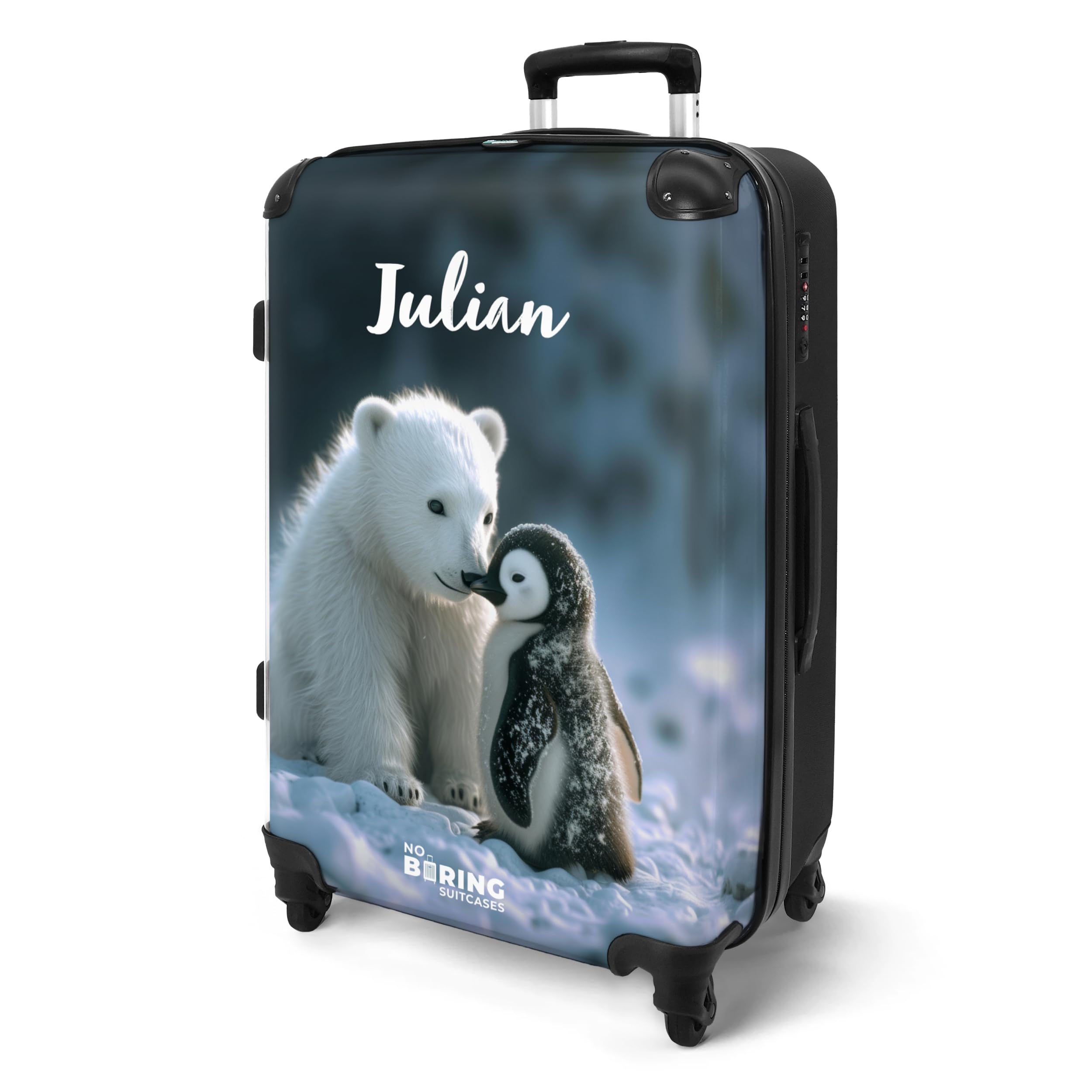 NoBoringSuitcases.com Valise Enfant, Grande Valise, Valise Personnalisable, Bagages Enfant, Serrure TSA, Valise 23kg, Taille M, Valise Grande Taille (67cm - 72L), (Ours Polaire, Pingouin - Blanc)