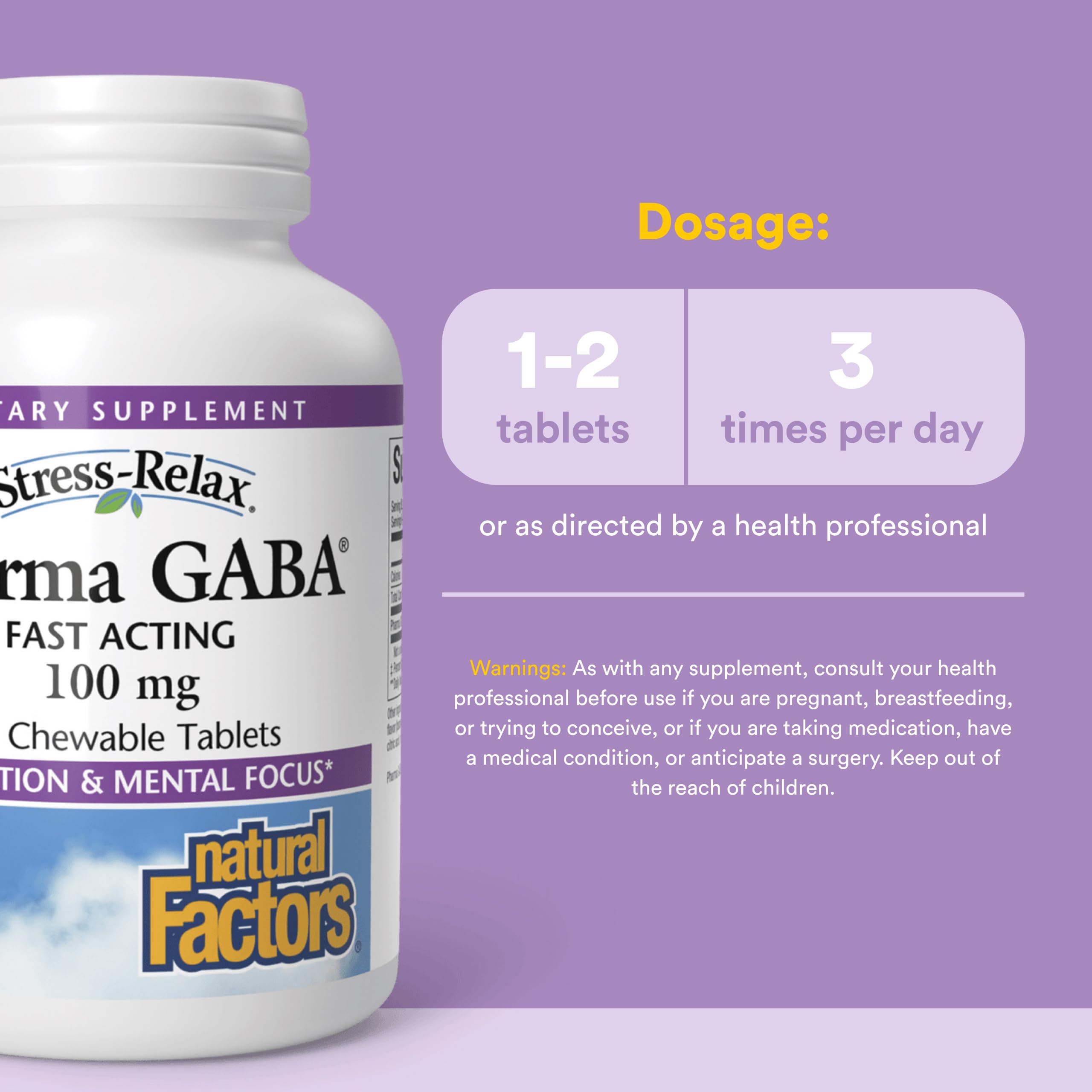 Natural Factors Pharma GABA, Calm, Relaxation & Focus*, 60 Chewable Tablets — Amazon image 3