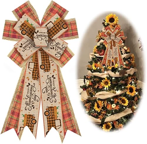 Lazos grandes de otoño para corona, lazos de corona de cosecha de camión de Acción de Gracias, lazos de lana cuadriculada naranja para puerta