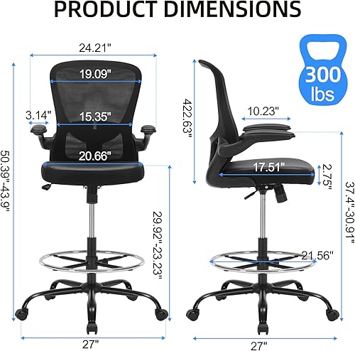Miniatura 3 de Silla de dibujo ergonómica, silla de escritorio de pie con soporte lumbar, silla de oficina alta con brazos abatibles, reposapiés, silla de