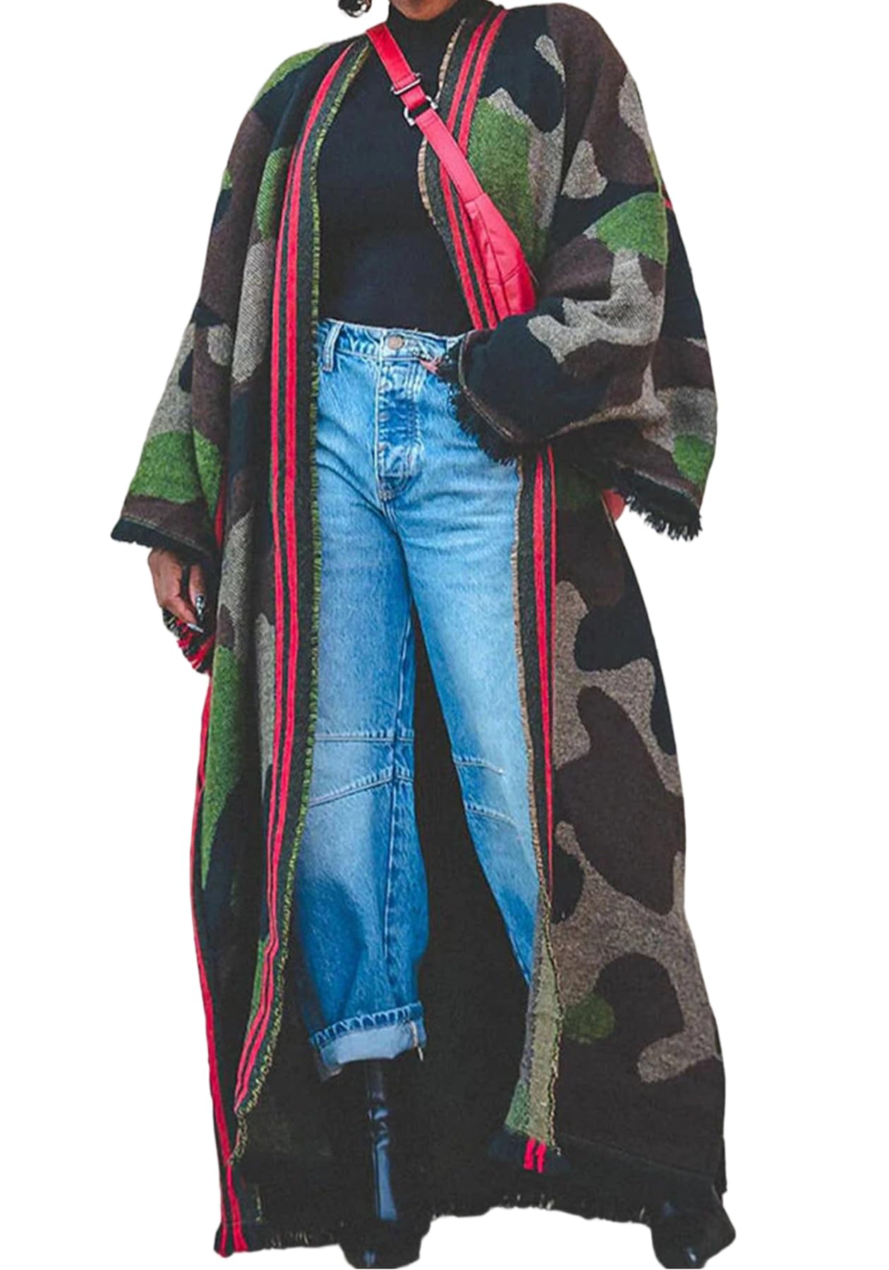 NRTHYE Women Camo Long Cardigan Camouflage Open Front Shawl Sweater Oversized Fringed Hem Maxi Knit Cardigans Outwear