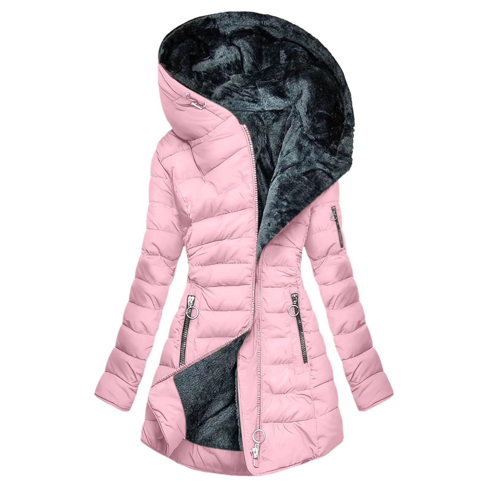 KOG Winterjacke Damen Baumwolle Daunenjacke Warme Puffer Jacke Trainingsjacke Jacke Oberteile Elegant Strickjacken Mode Kapuzenjacke Frau Softshellmantel Sport Jacke Wollmantel Rosa L