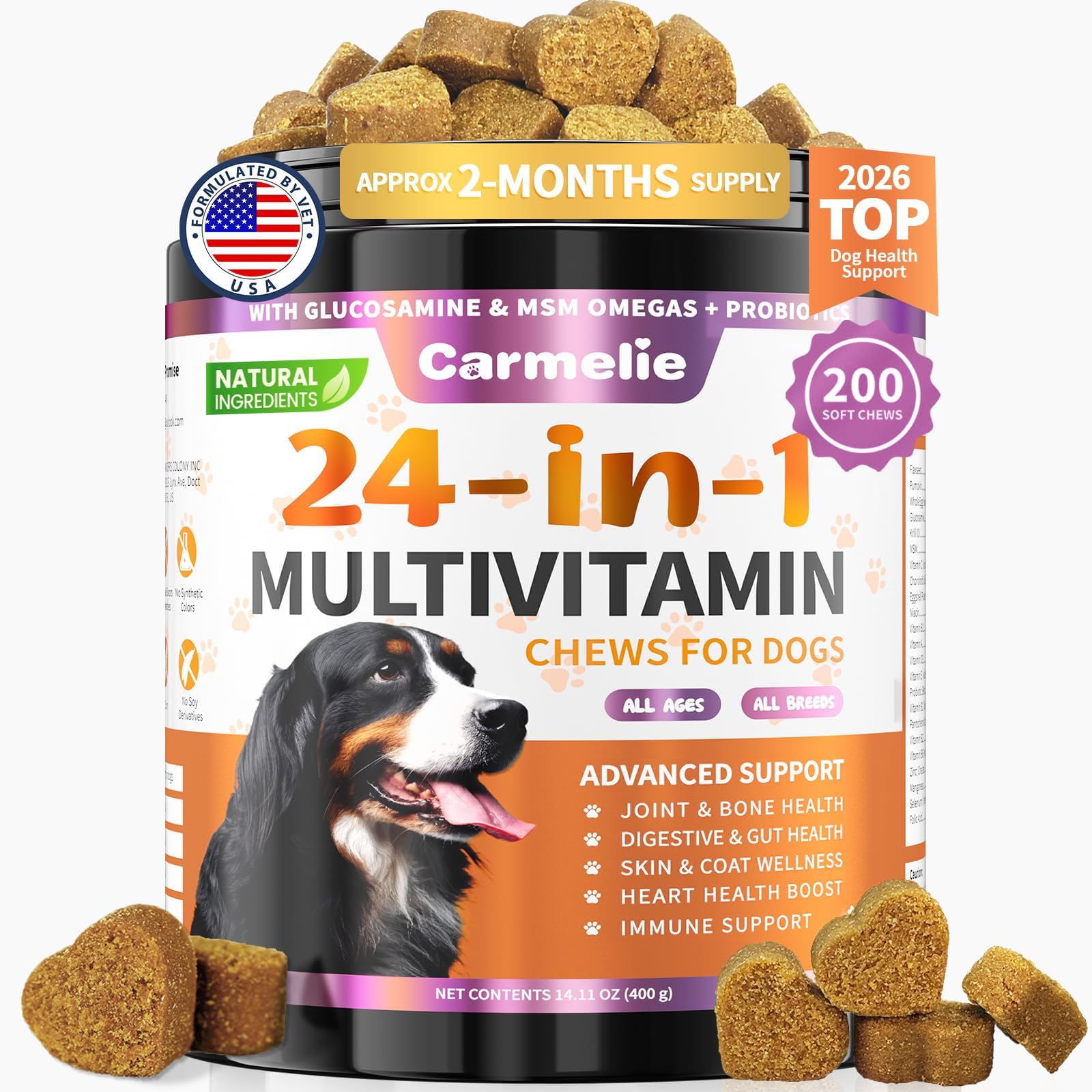 Dog Vitamins, 24 in 1 Dog Vitamins and Supplements, 200 Chews with Glucosamine Probiotics Omega-3 Puppy Multivitamins Chewable for Hip & Joint, Skin & Coat, Immune Health, Digestive (Chicken)
