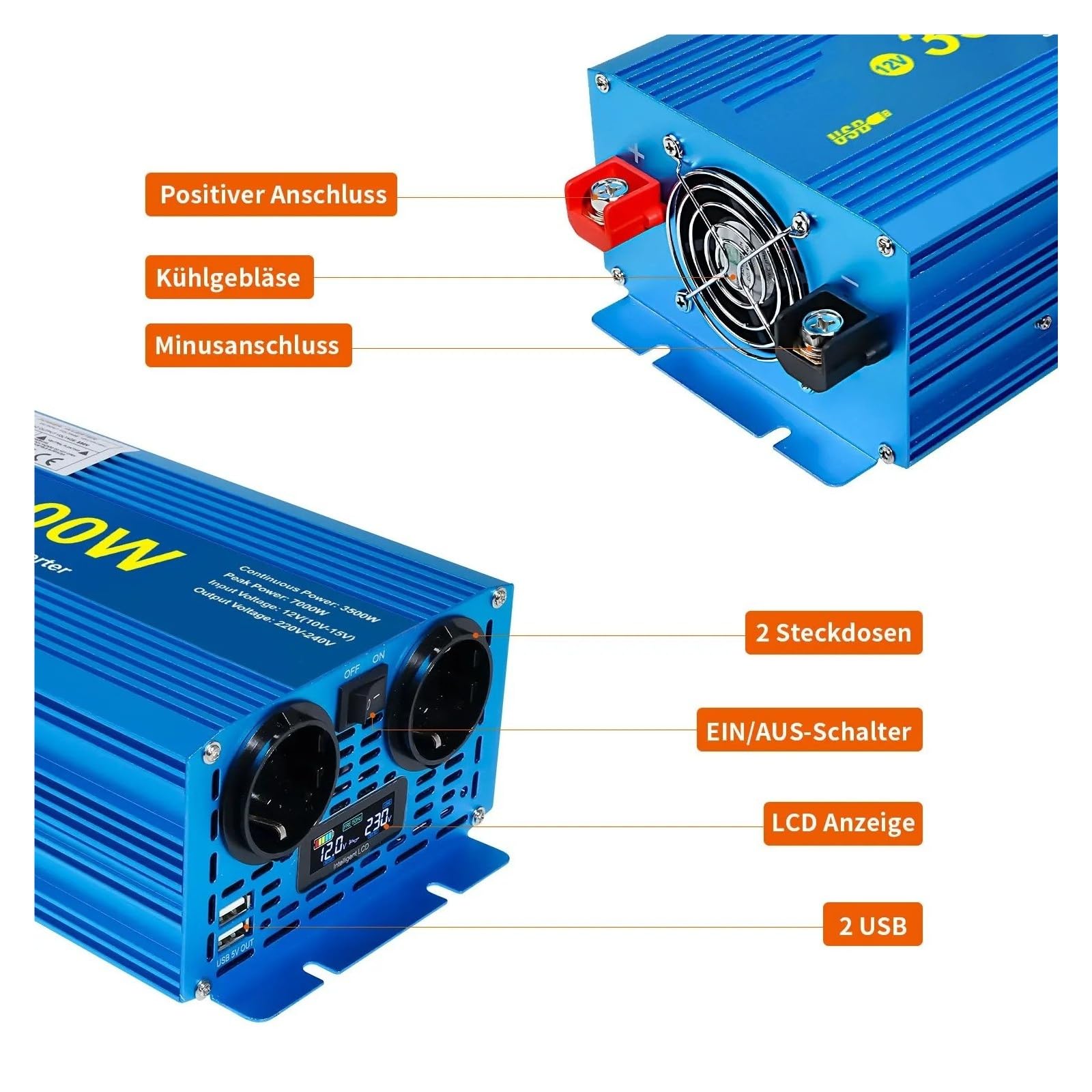 Converter Invertitore 2500W/5000W 3500W/7000W Inverter Onda Sinusoidale Per Pura DC 12V/24V AC 220V 230V Convertitore Tensione Adattatore Ricarica Presa UE(12V 2000W)