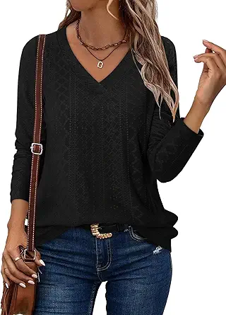 KISSMODA Long Sleeve Fall Shirts For Women V Neck Tunic Tops Embroidered Button Down Knitted Blouses 2025