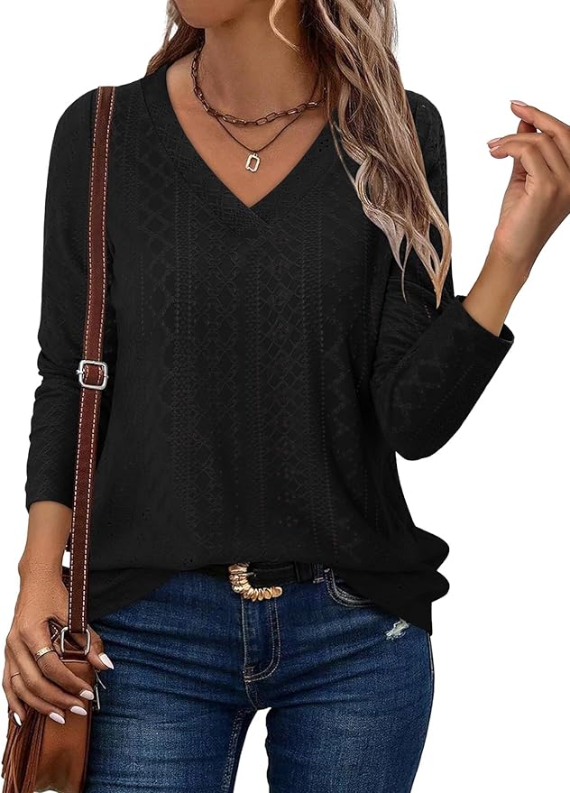 KISSMODA Long Sleeve Fall Shirts For Women V Neck Tunic Tops Embroidered Button Down Knitted Blouses 2025