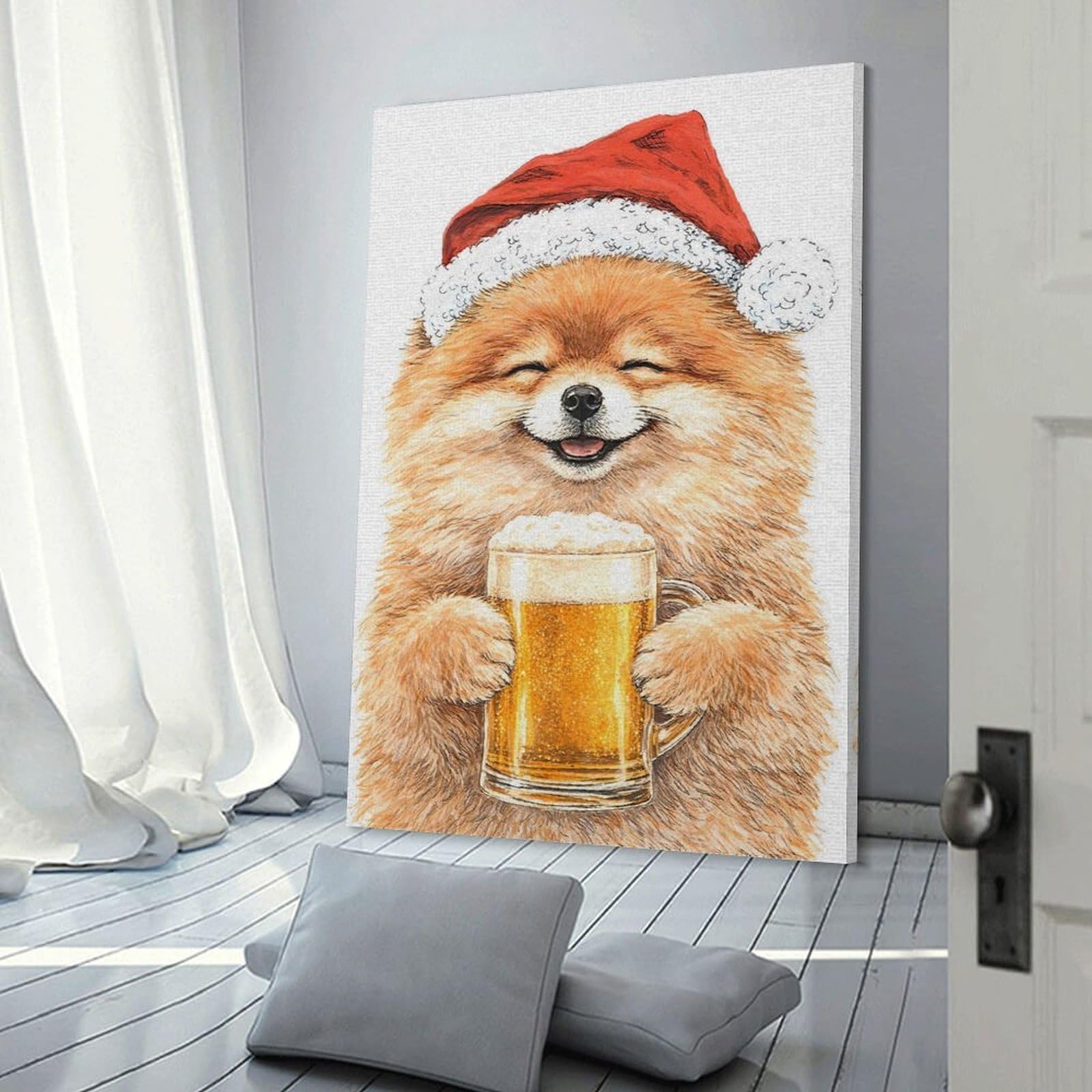 Junmoney Frame-Style-24-1 Pomeranian Dog In Santa Hat With Beer Canvas Wall Picture, 24X36inch(60X90cm), For Study, Office Or Apartment Decor, A Wall Art Gift For Fresh Interiors