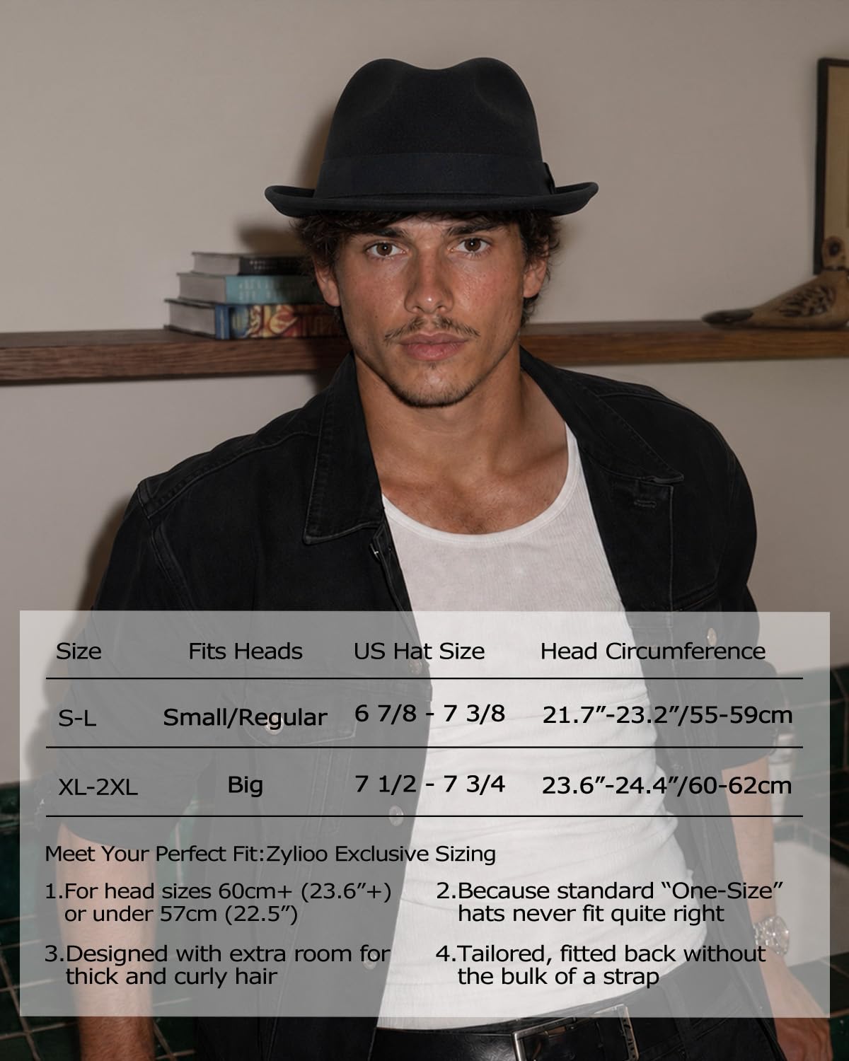 Zylioo L/XL/XXL Trilby Fedora Feltro Cappelli Uomo Big Heads Cappello Jazz | Tesa arrotolata con fibbia per cintura