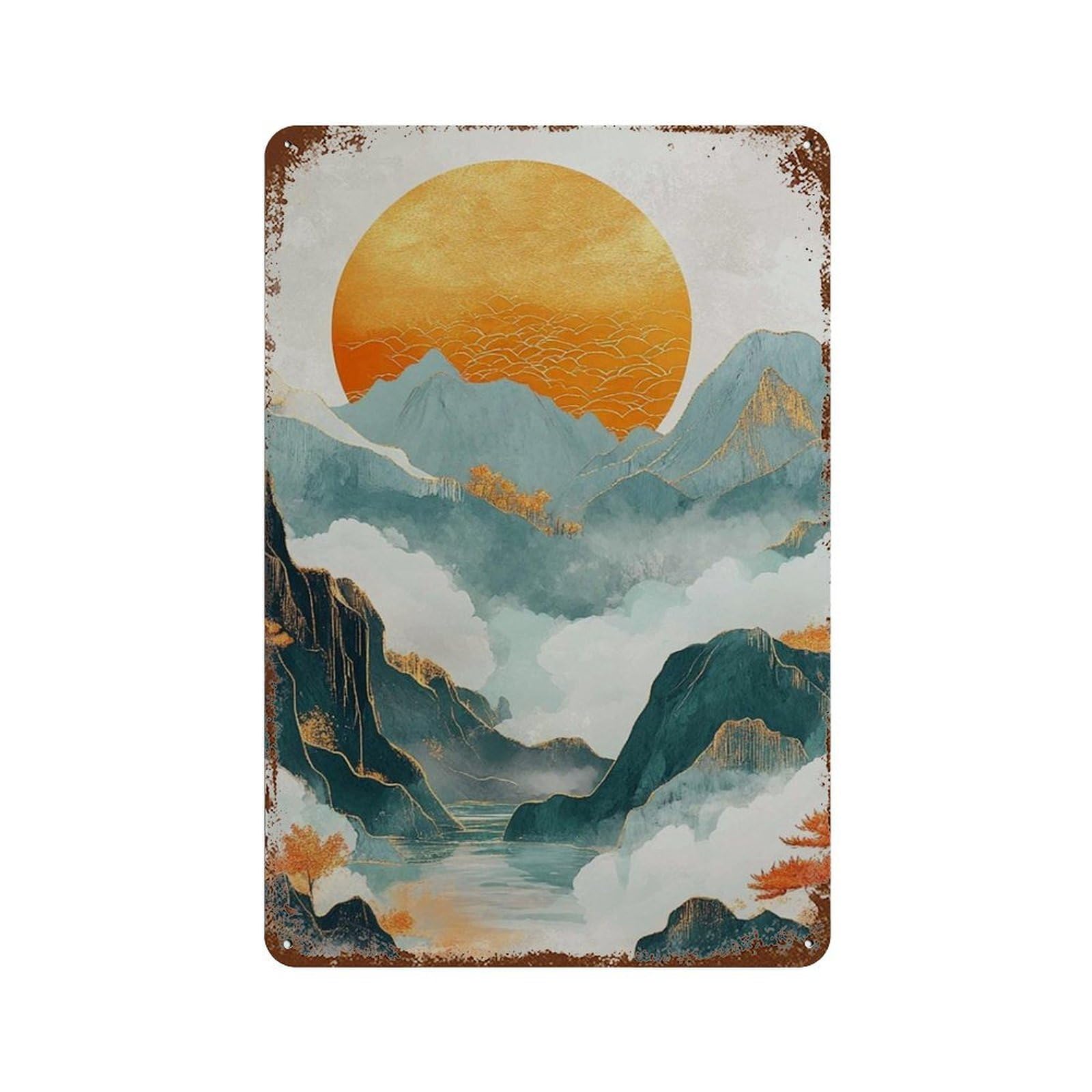 xiaoxiaoshen Golden Sun And Mountain Abstract Asian Landscape Tranquil Nature Scene Misty Ora Wall Decor Art Metal Tin Poster Modern Home Decor Art Home Bar Shop Decorations Vintage Sign 30x20cm