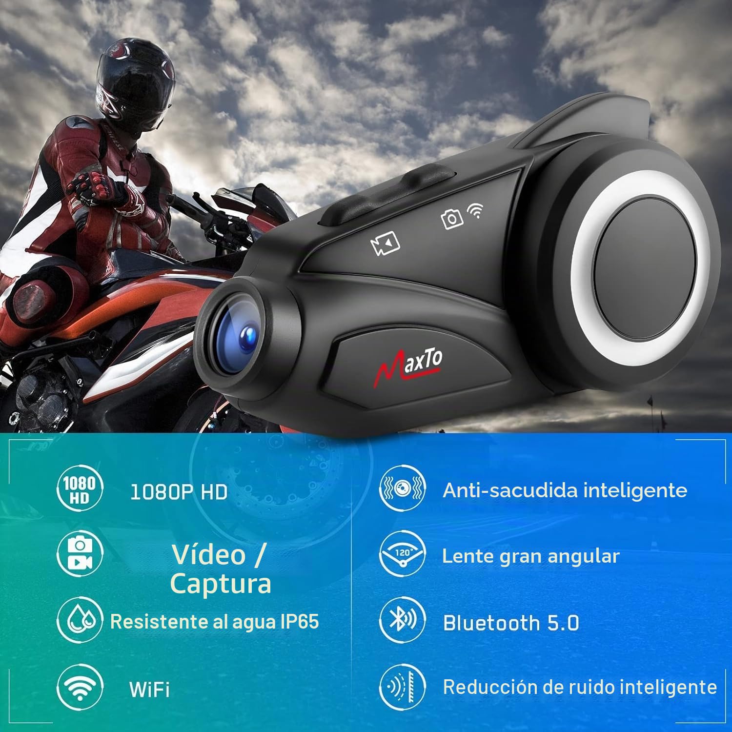 MAXTO M3 Intercomunicador Bluetooth para Casco de Moto con Cámara | Alcance 1000m para 6 motoristas, asistente vocal, impermeable, navegación GPS, compatible tarjeta TF hasta 128G