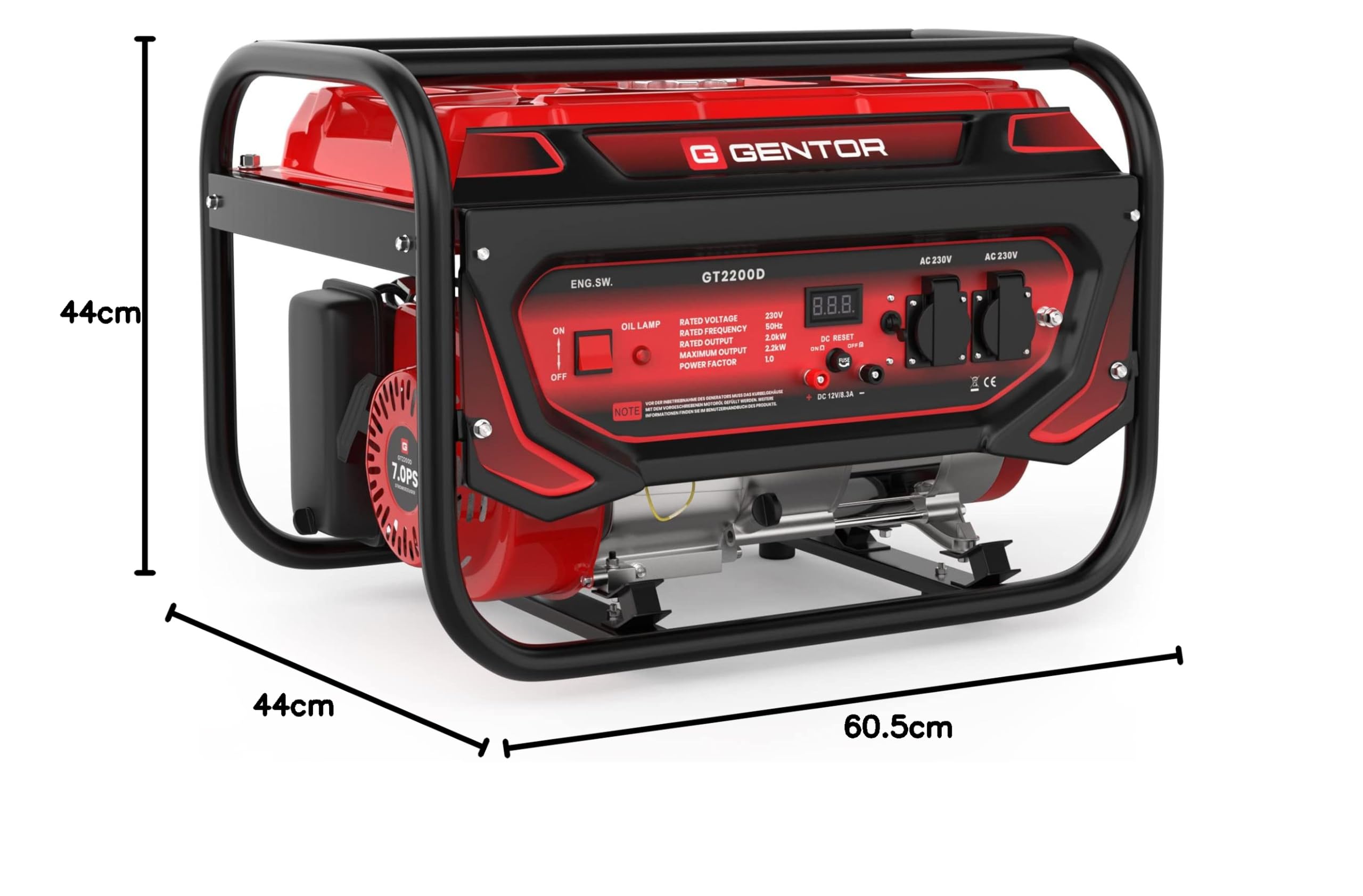GENTOR Generador de Energía de Emergencia de Gasolina Tranquila 2200 Vatios 7.0HP, Motor de 4 Tiempos, 2x 230V, 1x 12V, Pull-Start, Para Acampar
