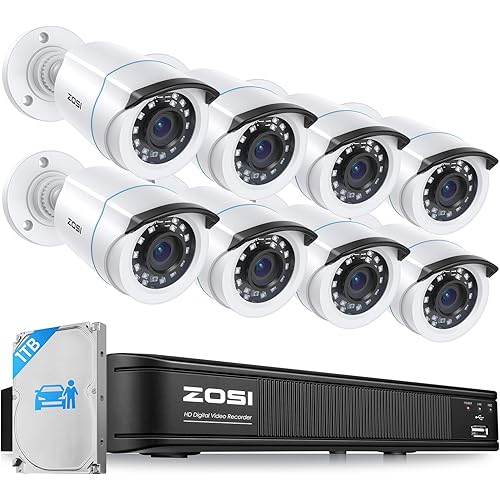 ZOSI H.265+ Home Security Camera System with AI Human Vehicle Detection, 5MP 3K Lite 8 Channel CCTV DVR Recorder and 8 x 1080p Weatherproof Bullet Camera Outdoor Indoor, 80ft Night Vision, 1TB HDD