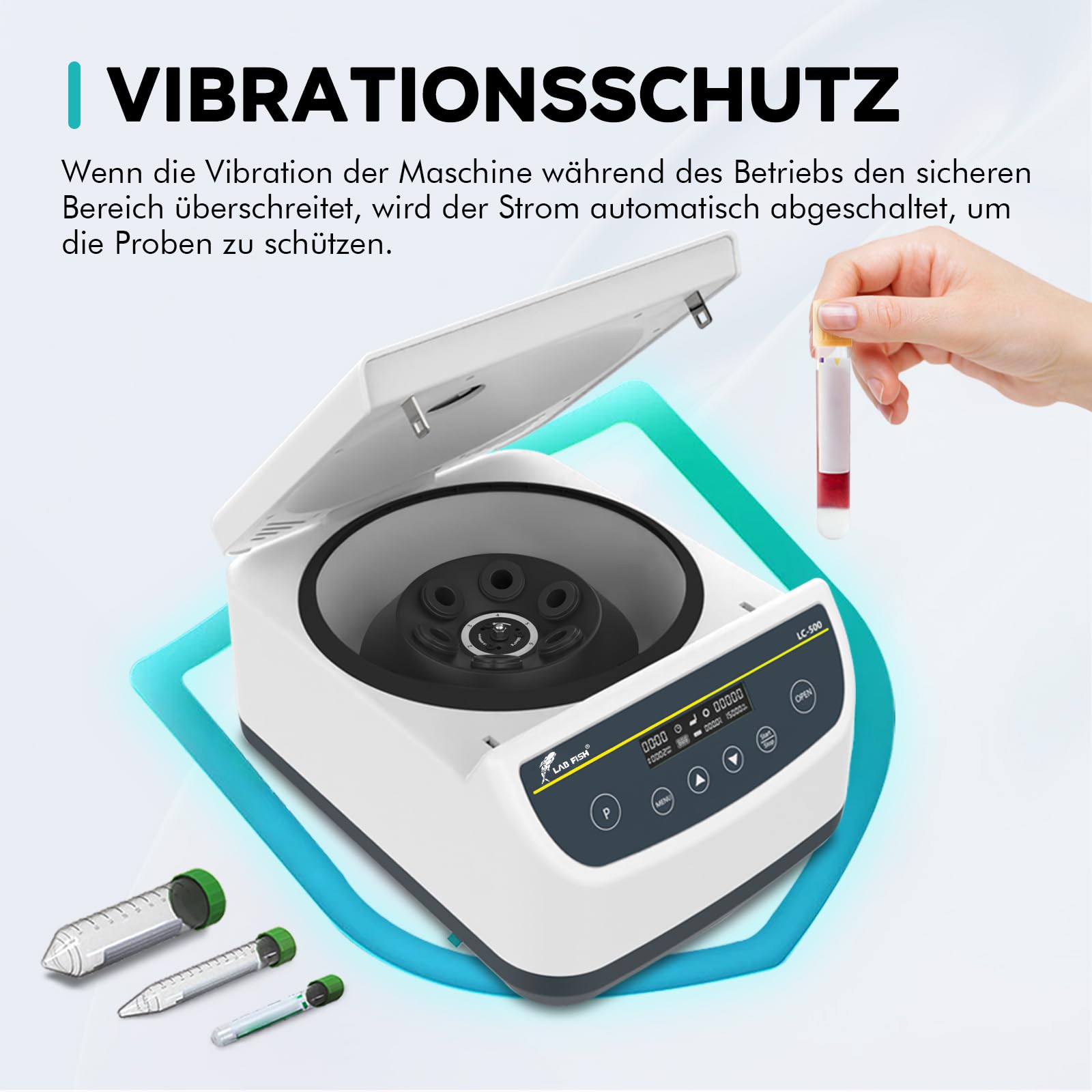 LAB FISH Labor Zentrifuge, Niedrige Drehzahl 500-4000 U/min, Max. 2146 xg, 9 Programmspeicher, Timer, für 2/5/10/15/50ml Röhrchen (6-fach Winkelrotor)