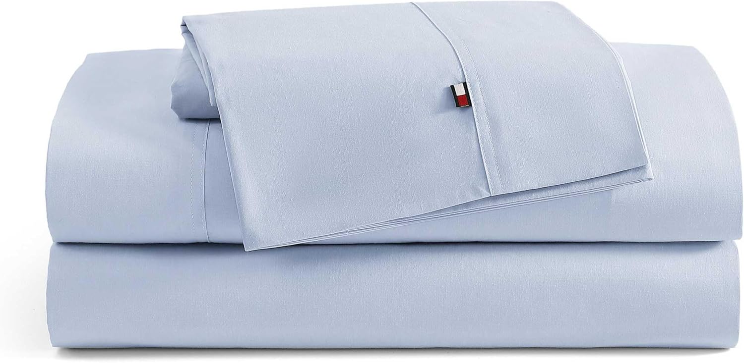 Tommy Hilfiger - Queen Size Sheets Set, Crisp & Tailored Cooling Sheets with a Naturally Smooth Cotton Percale Lightweight Feel - Bed Sheets with Matching Pillowcases & Fitted Sheet (Blue)