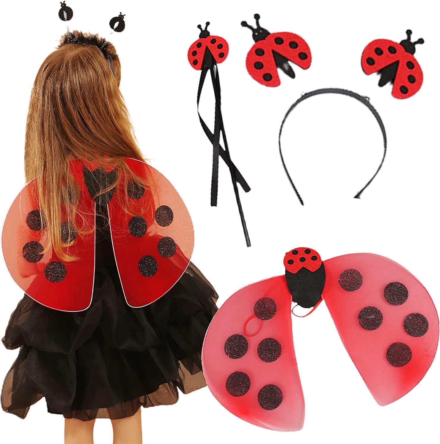 Azonee Girls Ladybug Costume with Headband, Wand, Fairy Wings - Dress Up for Parties, Carnival, Stage Performance, Birthday, Halloween Role Play - Toddler Girl & Boy