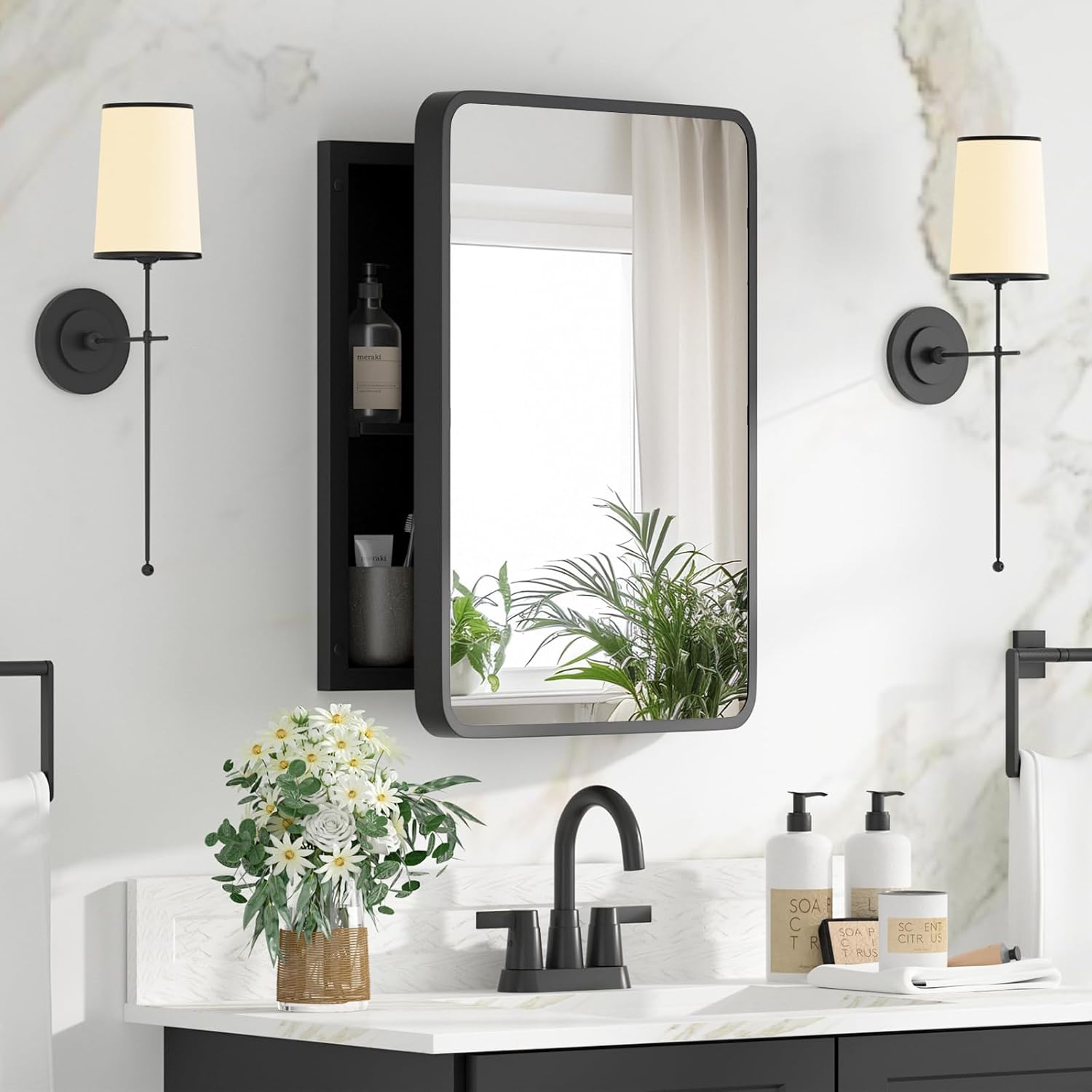 14x18 inch Medicine Cabinet with Mirror, Black Metal Framed Bathroom Medicine Cabinet with Beveled Mirror, Stepless Adjustable Shelves, Recess or Surface Mount Installation Black 14x18 IN