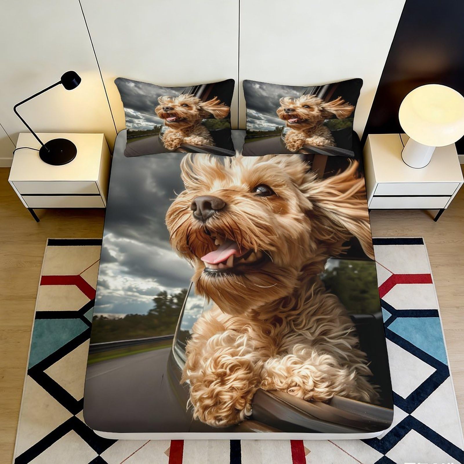 3D Printed Happy Dog Fitted Sheet Microfiber Soft Breathable Playful Puppy Mattress Cover for Bedroom Dormitory Guest Room Mattress Protection Decor 120x200x25cm