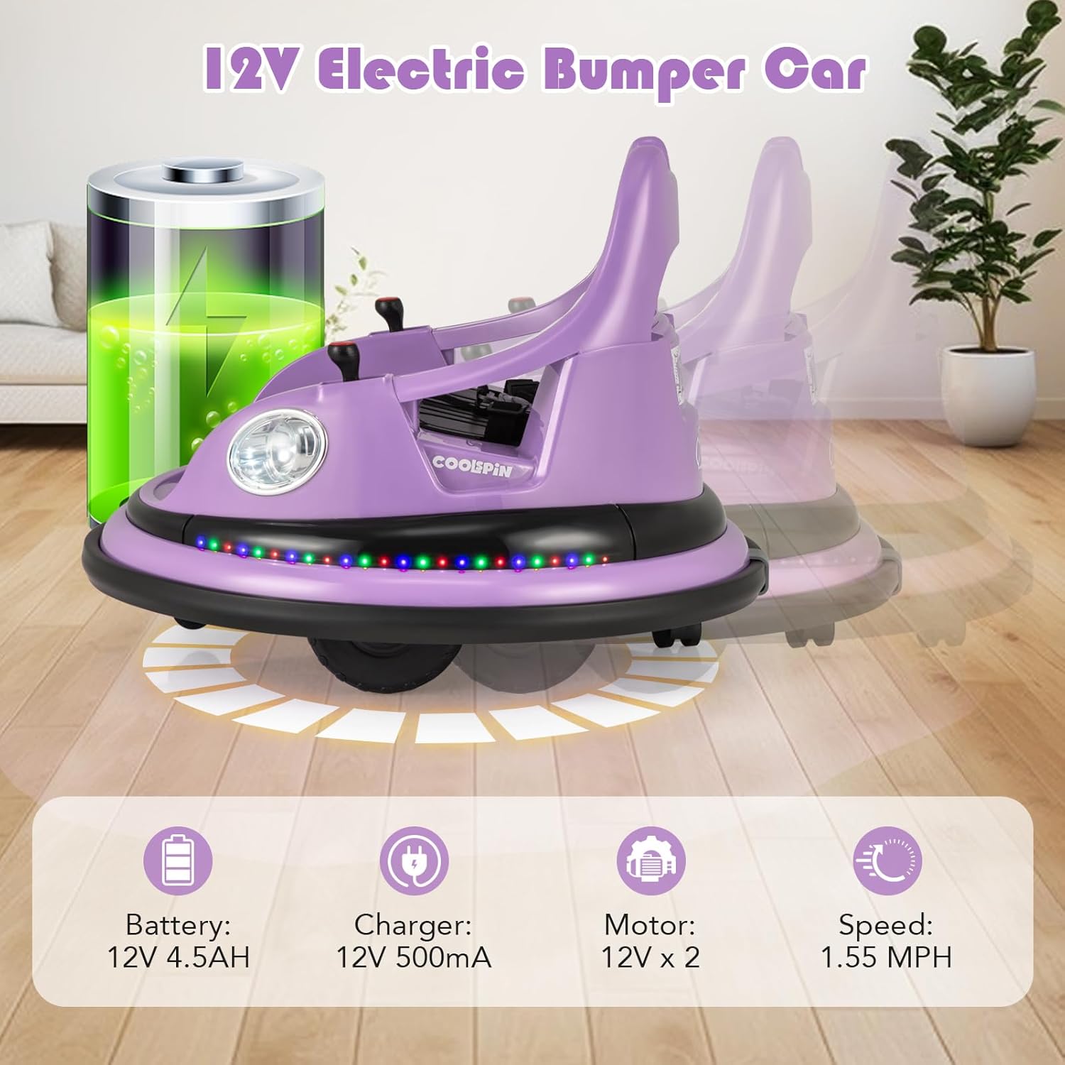 Costzon Bumper Car, 12V Electric Kids Ride on Bumping Car Toy W/Remote Control & Dual Joysticks, 360° Spin, Wireless Connection & 5 Light Effects & Music, Soft Bumper Cars for Toddlers, Gift (Purple)