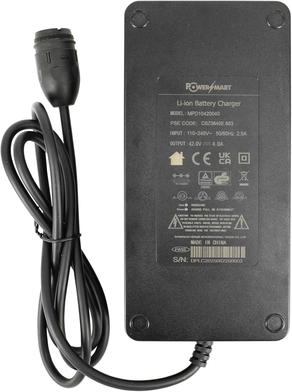PowerSmart 42V 4A Ladegerät für 36V Akkus von Rotwild, BMZ, Impulse, Brose, mit 6-Polige Rosenberger-Anschluss