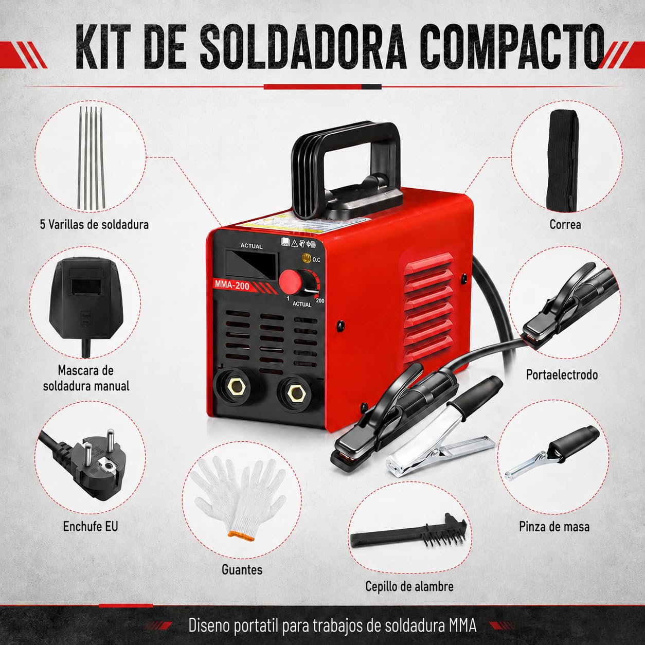 Soldadora de electrodo MMA de 200 A, soldadora de arco de 220 V con pantalla LED, kit con casco de soldadura, martillo para escoria, cepillo con arranque en caliente