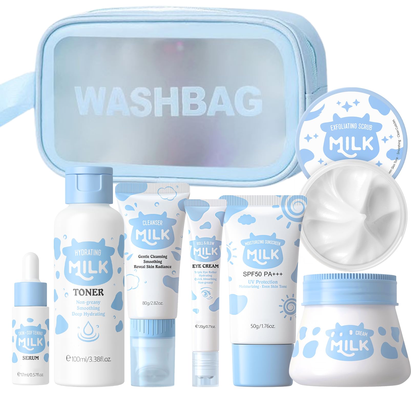 Milk Skincare Set Girls Gifts - 8Pcs Milk Skin Care Sets & Kits for Teens - Skin Care Kit for Women Kids Teenage Girls with Cleanser, Toner, Eye Cream, Serum, Sunscreen, Face Cream, Scrub, Bag