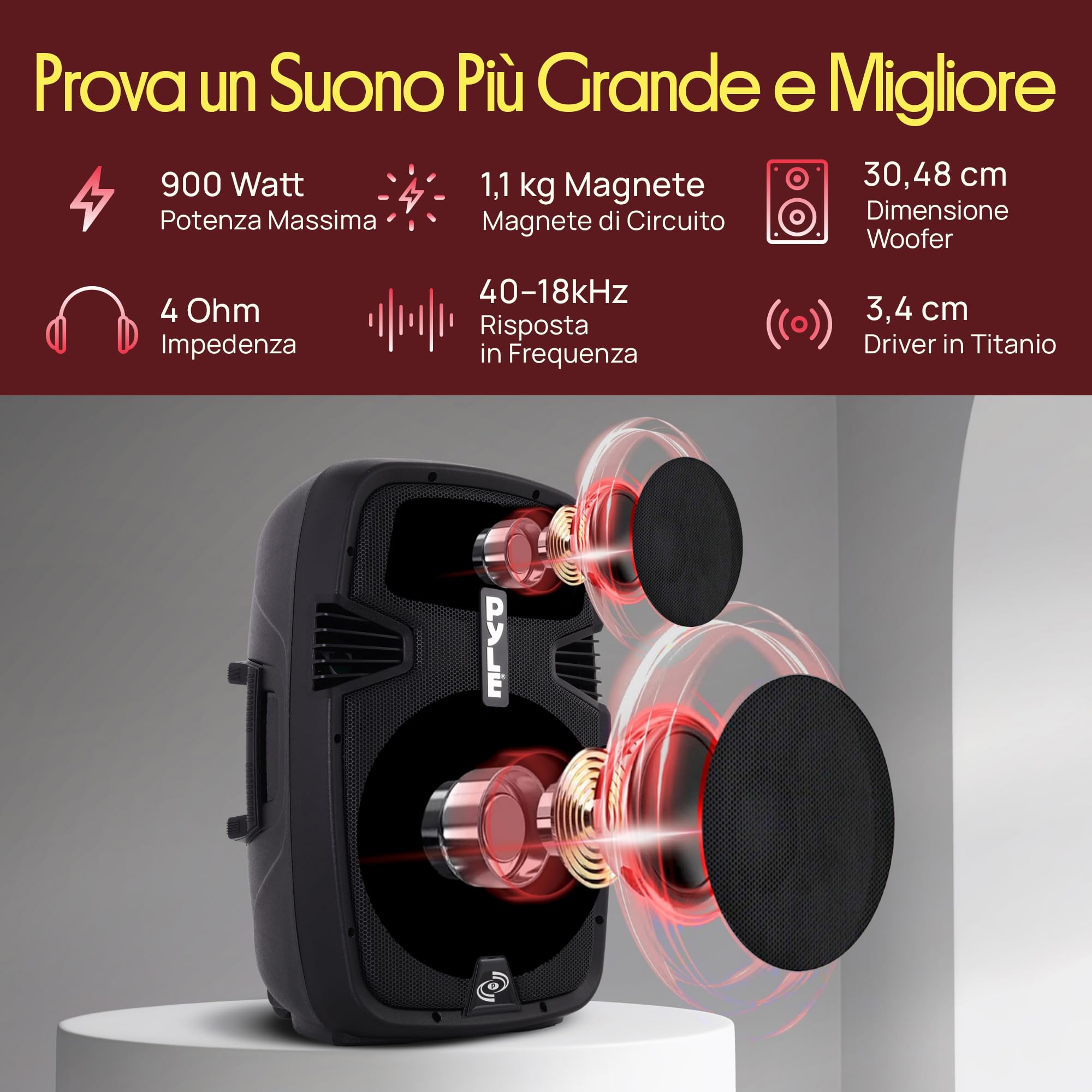 PYLE-PRO Cassa Bluetooth Attiva PA, Altoparlante Bluetooth con Subwoofer da 30,5 cm, Speaker da Palco Monitor Portatile, DJ Party Stereo con Amplificatore e USB Integrata per MP3