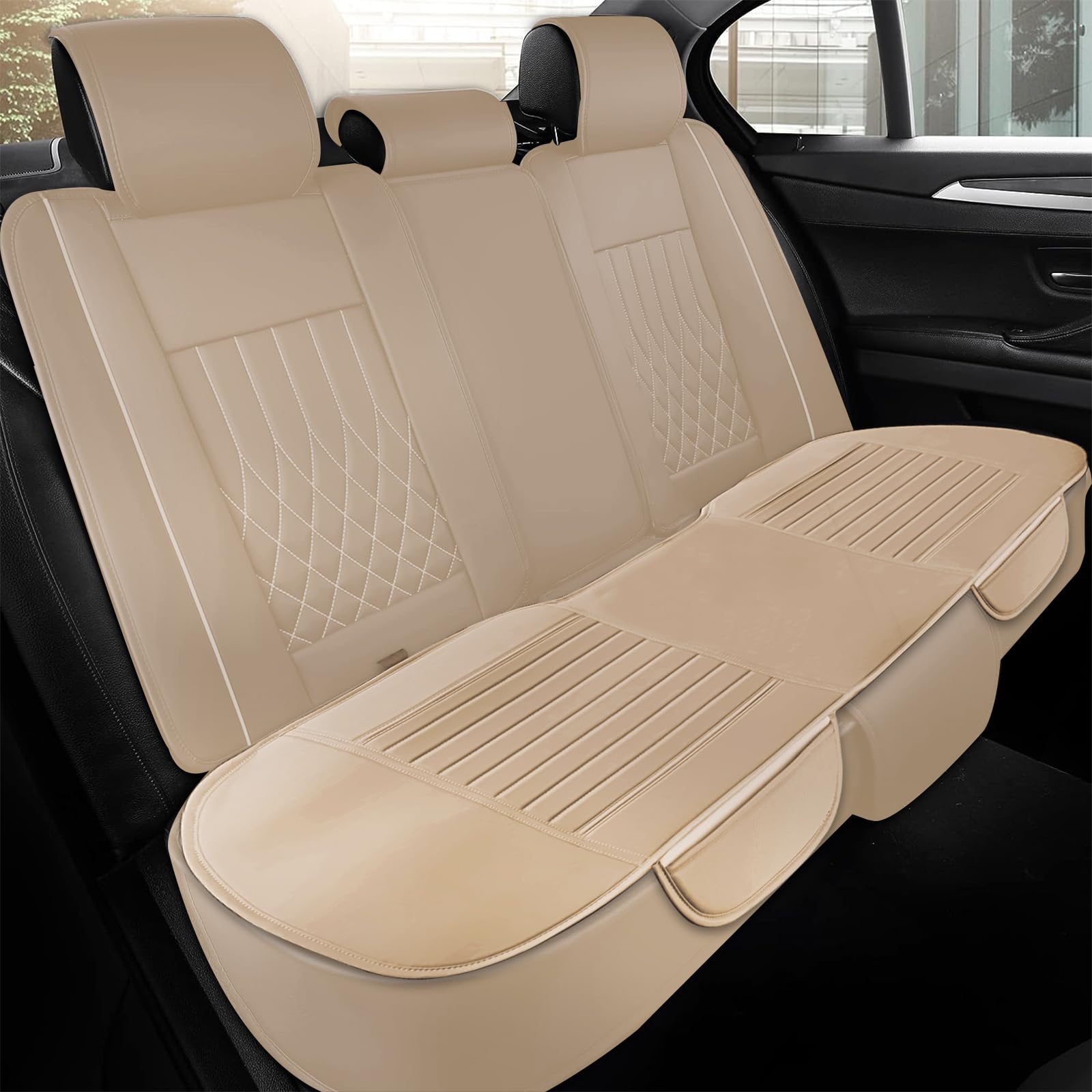 Faux Leather Rear Bench Car Seat Cover，Padded Auto Bench Protector with Storage Pockets Anti-Slip and Wrap，Breathable PU Leather Back Seat Cover for Cars Trucks SUV Auto（Beige）