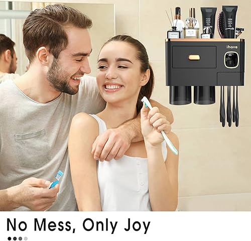 Miniatura 6 de iHave - Portacepillos de dientes de pared para baños con dispensador de pasta de dientes, 2 vasos y cajón para cosméticos, bandeja de gran