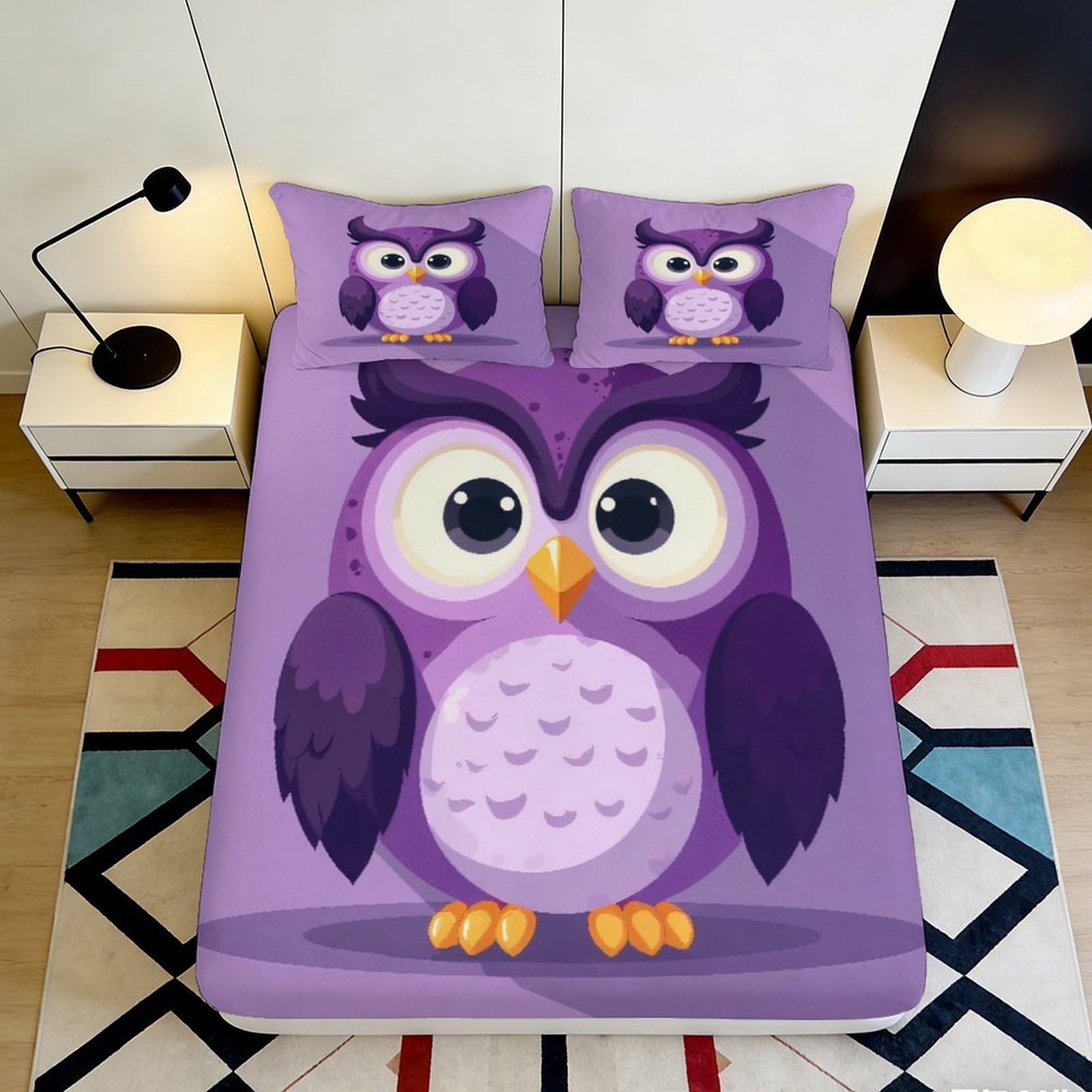 Uynsixtme Style-1 3D Printed Cute Owl Fitted Sheet Microfiber Deep Pocket Full Wrap Owl Mattress Fitted Cover Non-Slip Washable For Bedroom 90X200x25cm