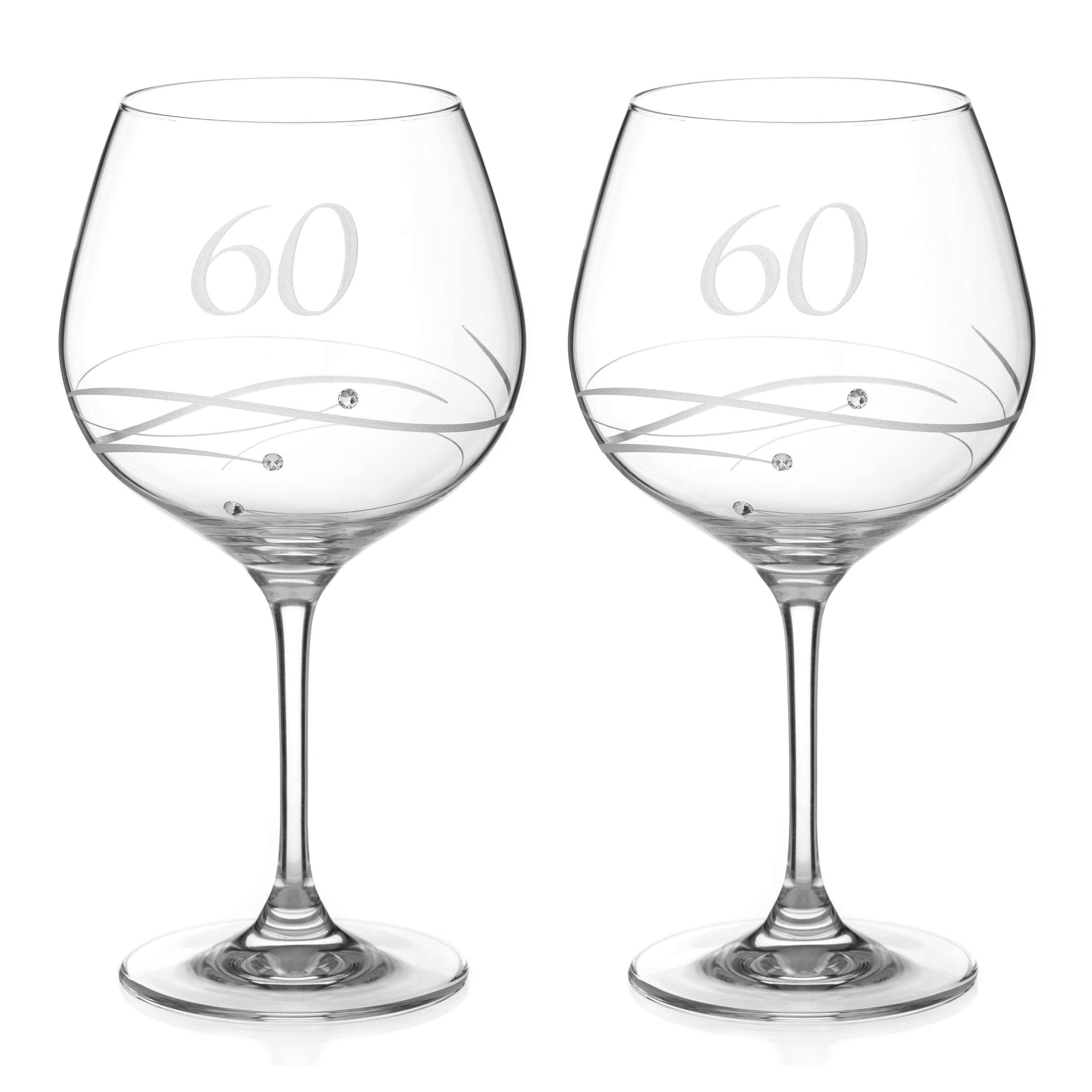 DIAMANTE 60th Birthday Anniversary Gin Copas Pair – Set of 2 Crystal Gin Glasses with Hand Etched “60” - Embellished with Crystals