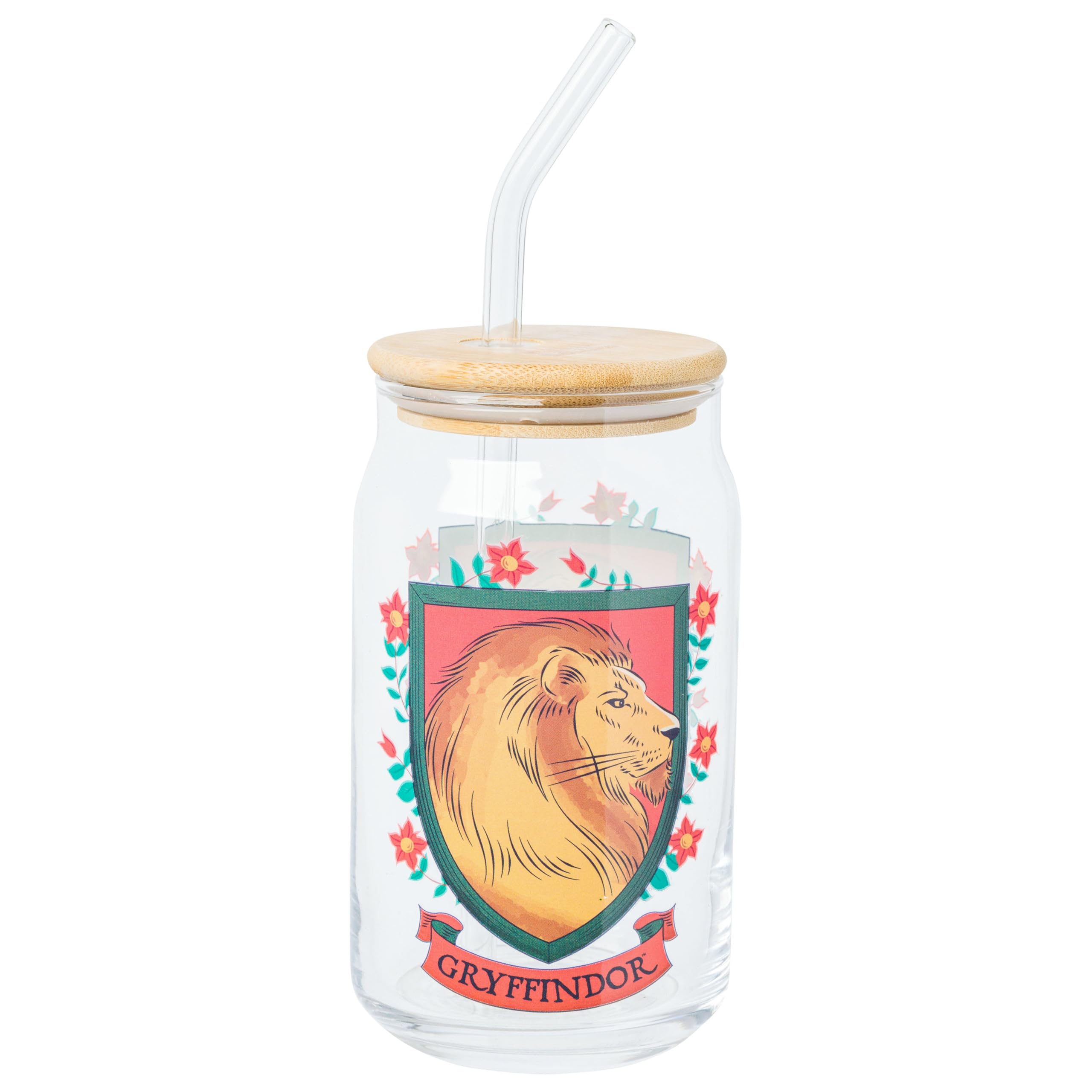 Silver Buffalo Harry Potter Gryffindor Flora and Fauna 16oz Glass Tumbler with Bamboo Lid and Glass Straw