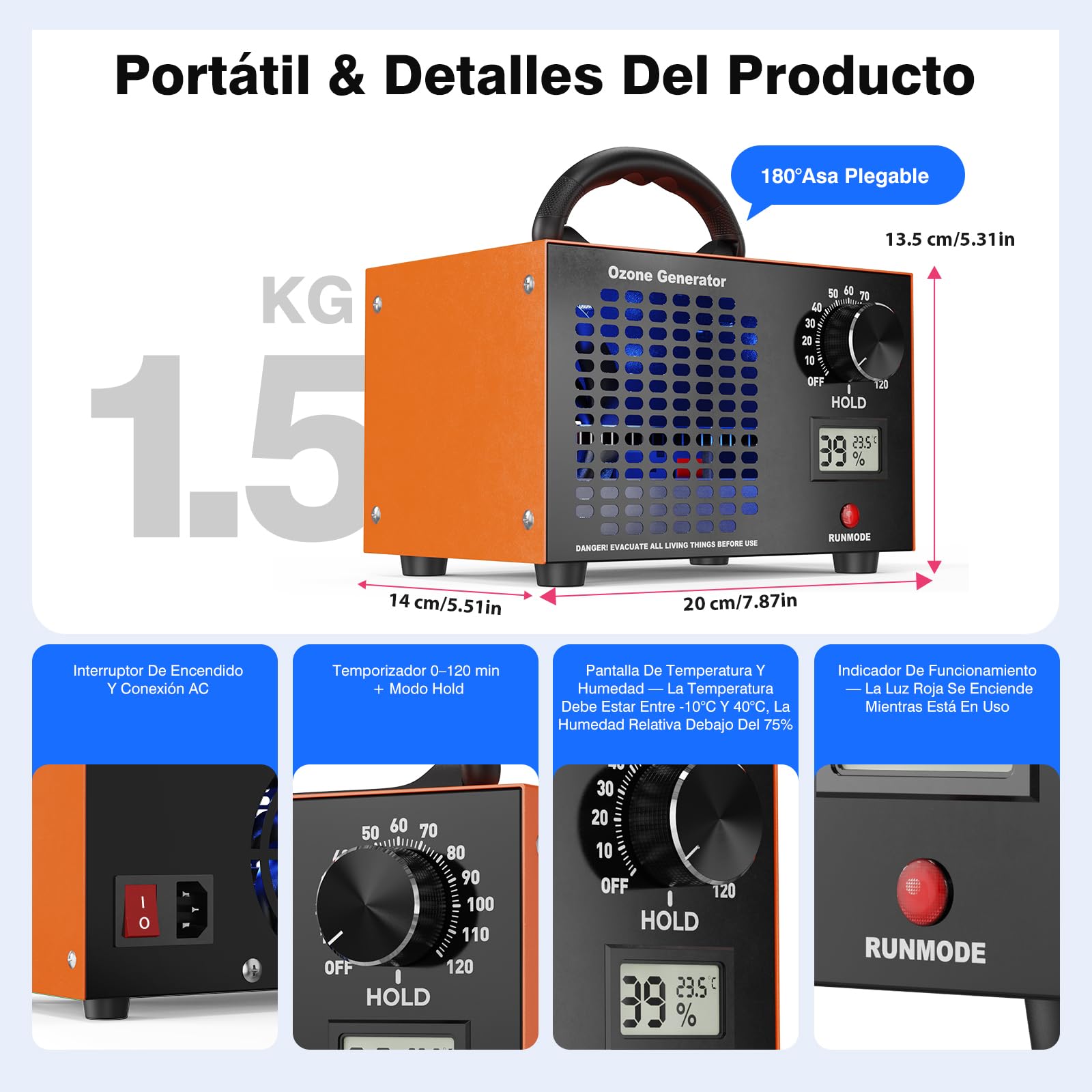 Fitabok Generador de Ozono 160000 mg/h - 2 en 1 Purificador de Aire Ozono, Pantalla LED Temperatura y Humedad, Temporizador 120 min, Cobertura 300 m², para Hogar Coche Hotel Cocina Sótano Mascotas