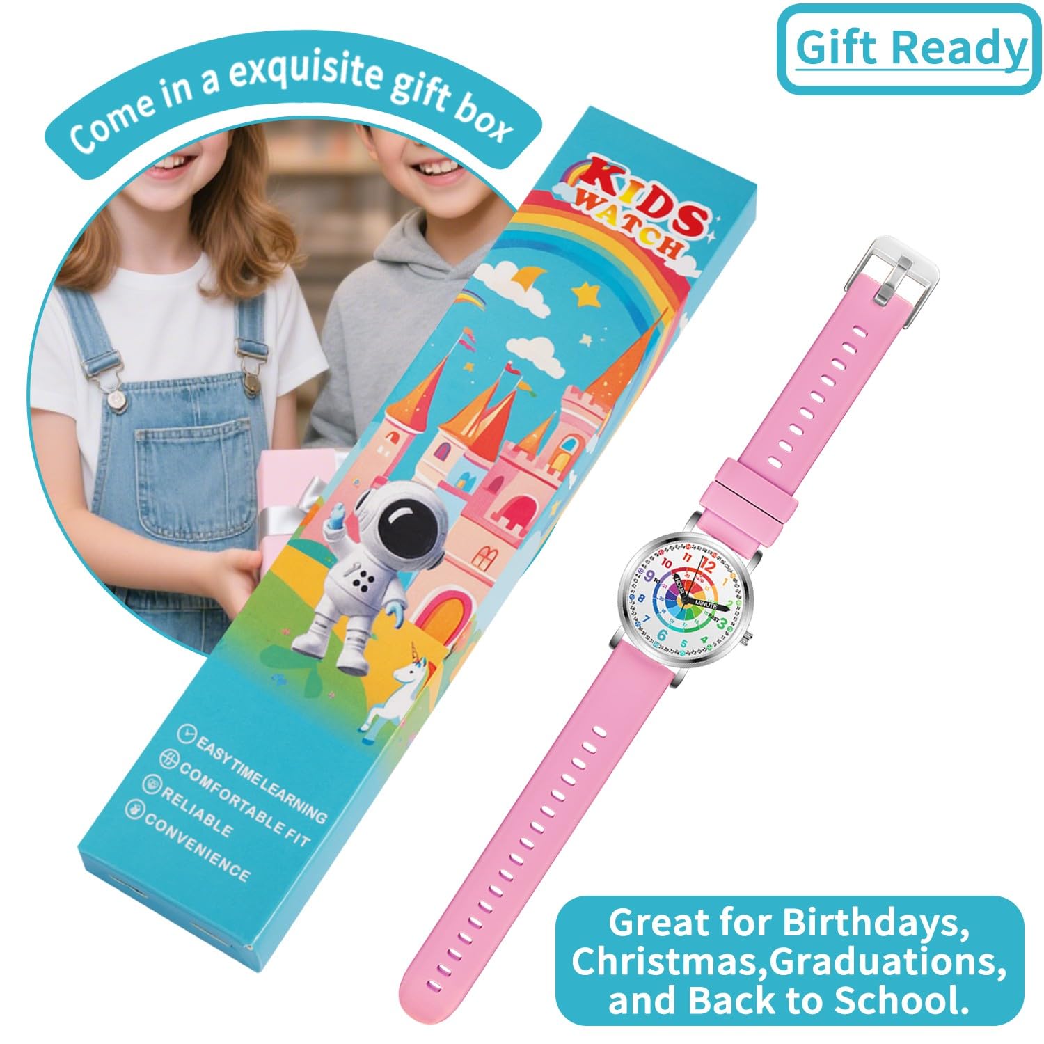 Relojes para niños, reloj de aprendizaje para niños, diana para niños pequeños, tiempo de aprendizaje y hora fácil de leer, reloj analógico para niños y niñas de 3 a 11 años, color rosa