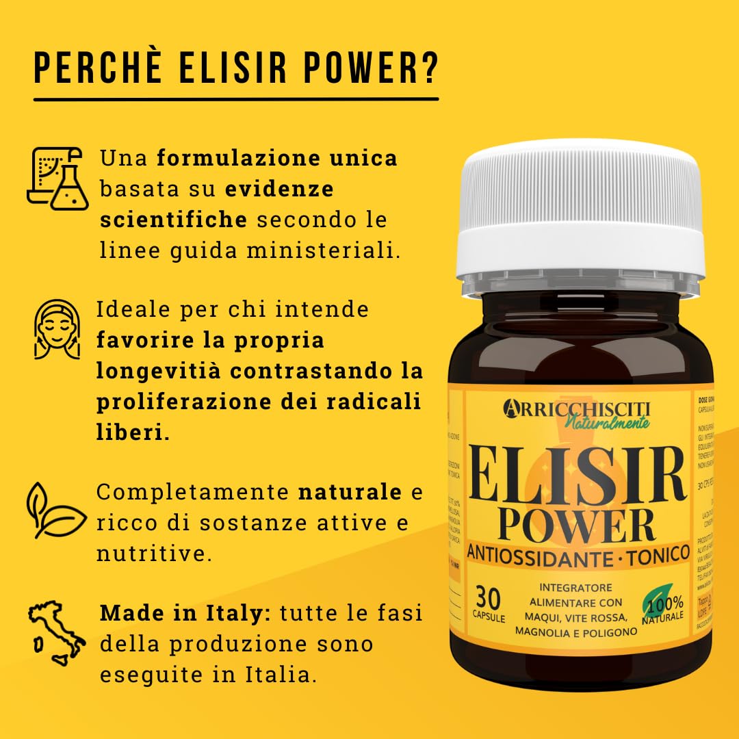Integratore Antiossidante, Antirughe e Antiage con Polifenoli, Resveratrolo, Maqui, Vite Rossa, Magnolia e Polidatina - Contro Radicali Liberi e Stress Ossidativo - Per Longevità - Elisir Power