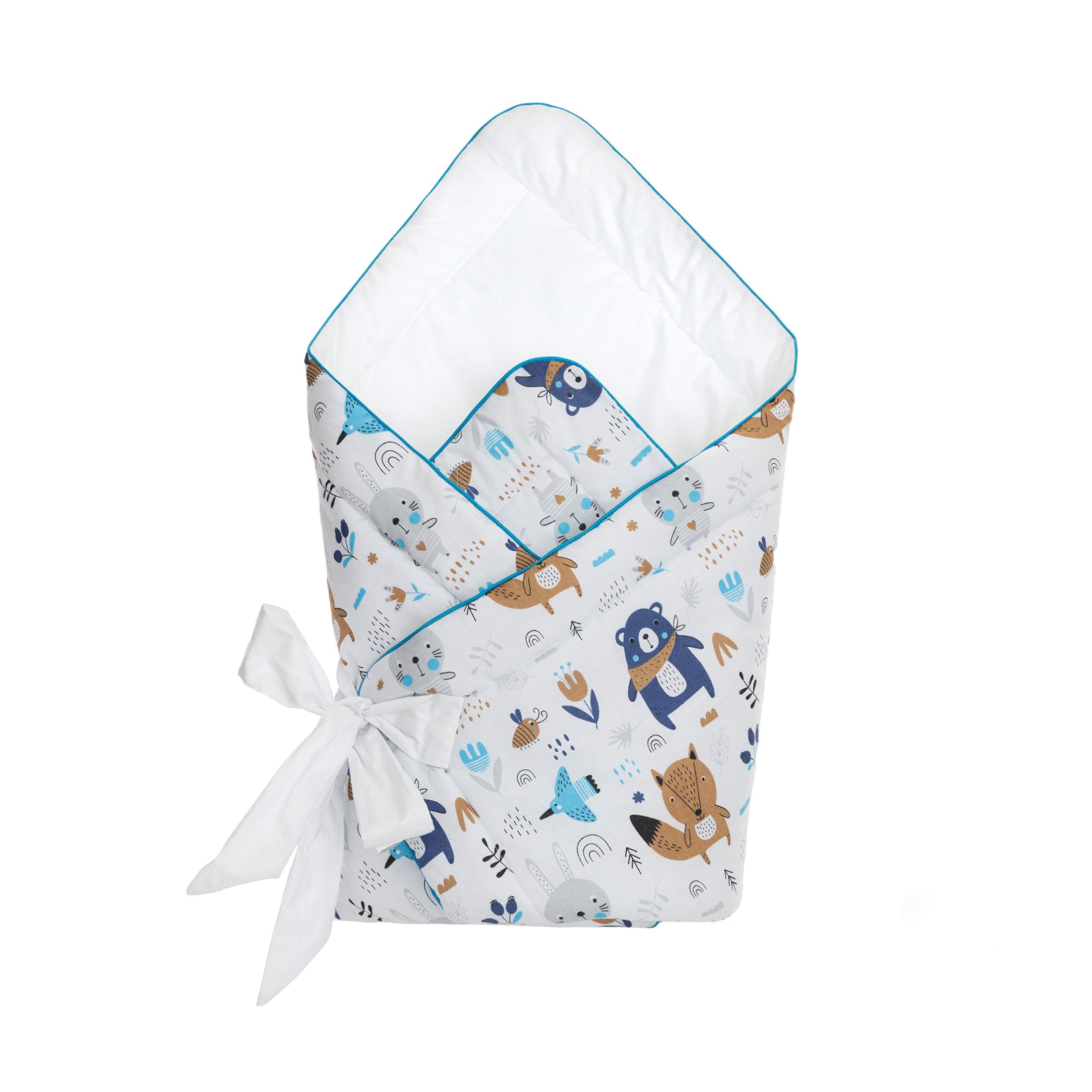 Kocyk do owijania fotelika dla niemowląt – kocyk dla noworodków z ochroną głowy i podparciem głowy – 75 x 75 cm – koc Swaddle od 0-3 miesięcy (niedźwiedź i lis)