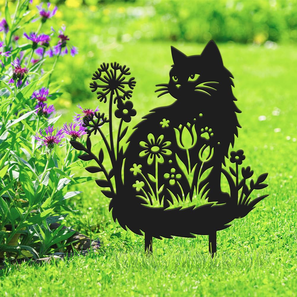 SUPERDANT Metal Kitten Garden Stake Black Iron Cat Silhouette Flower Art Decorative Yard Lawn Patio Pot Plant Accent 26.5x35cm