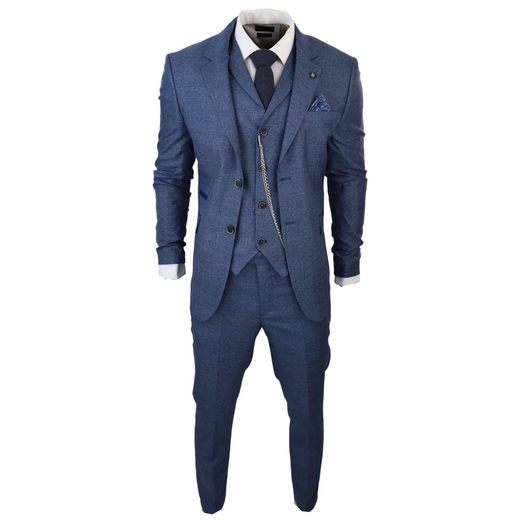 Mens 3 Piece Suit Prince of Wales Check Blue Tailored Fit Vintage Wedding - Blue 40