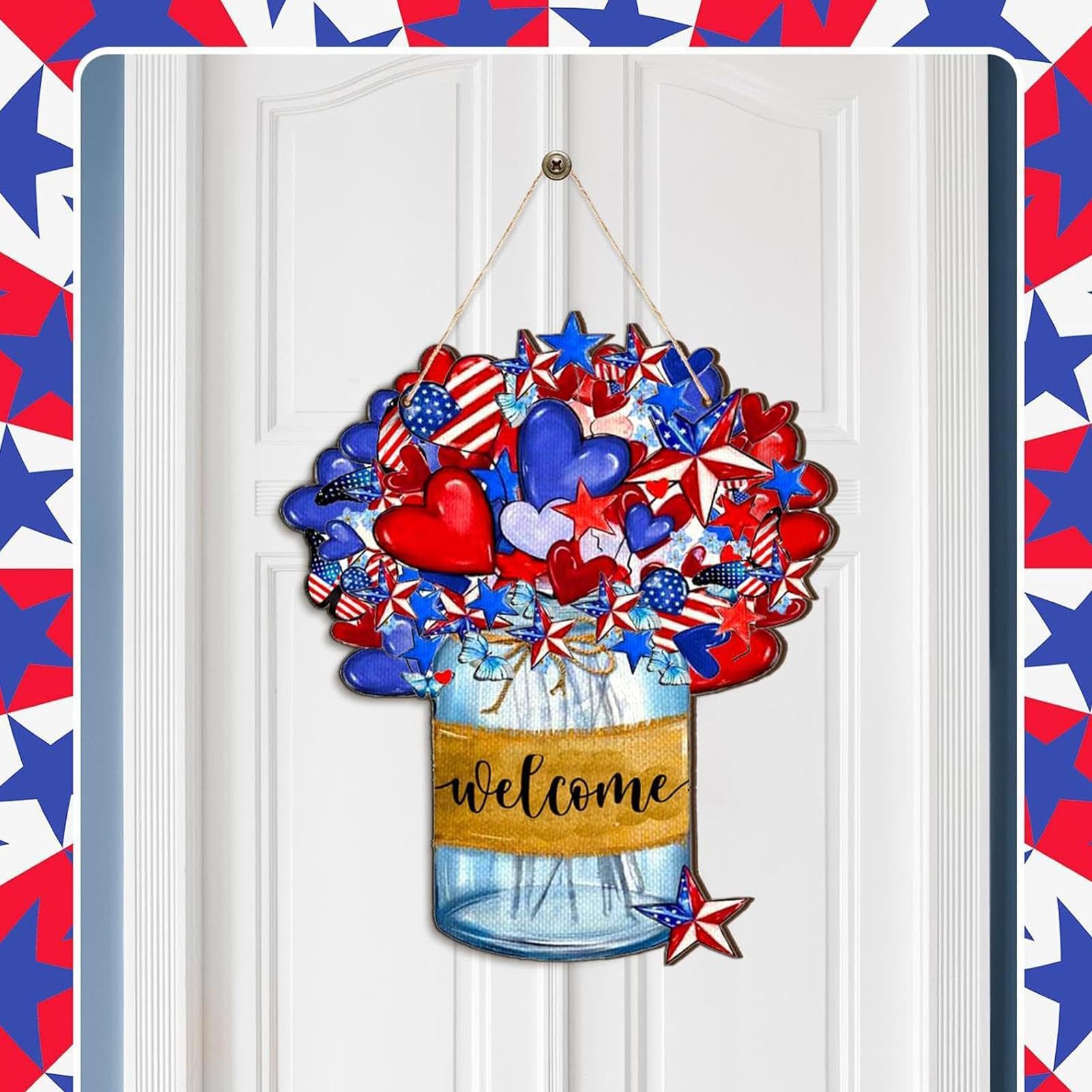Ghirlanda patriottica per porta d'ingresso, 4 luglio, ghirlanda per porta di benvenuto, festa dell'indipendenza, giorno della commemorazione, veterani, decorazione per finestra, parete, decorazione