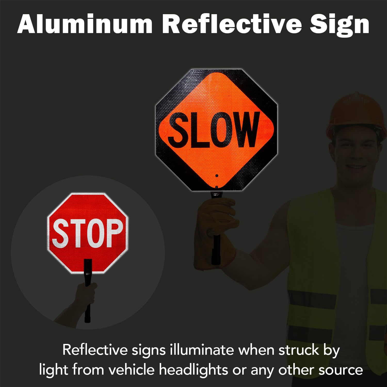 T&R (1 Pack) Stop Slow Sign with Handle, 13 x 13 Inches Double Sided Stop/Slow Traffic Sign, Rust Free Aluminum Reflective, Weather Resistant, Waterproof, Fade Resistant, Easy to Mount(Orange) — Amazon image 4