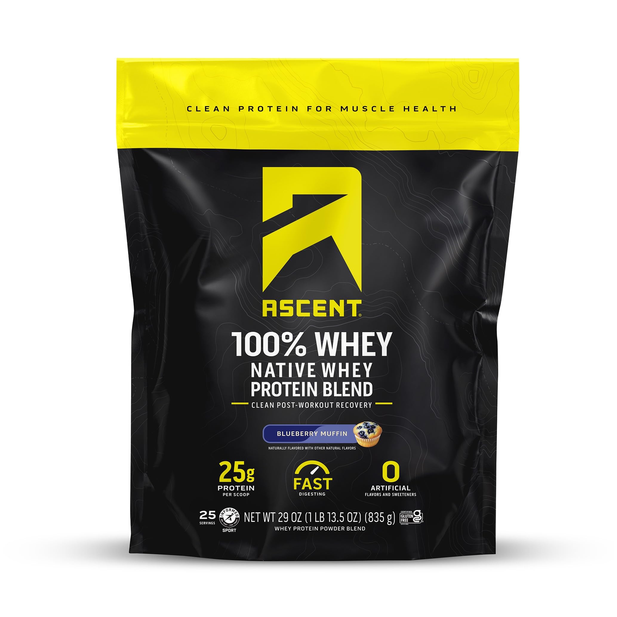 Ascent 100% Whey Protein Powder, Blueberry Muffin, 1.7 lb, Daily Protein