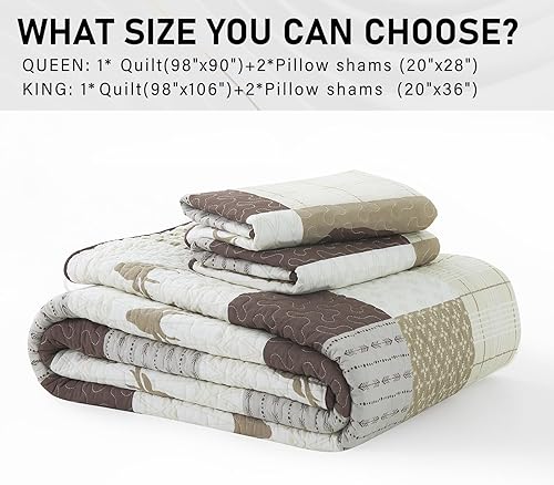 Miniatura 6 de PERHOM Juego de edredón tamaño King  Juego de ropa de cama reversible de 100% algodón, diseño de mosaico marrón, bosque, oso, ciervo, retazos, con 2