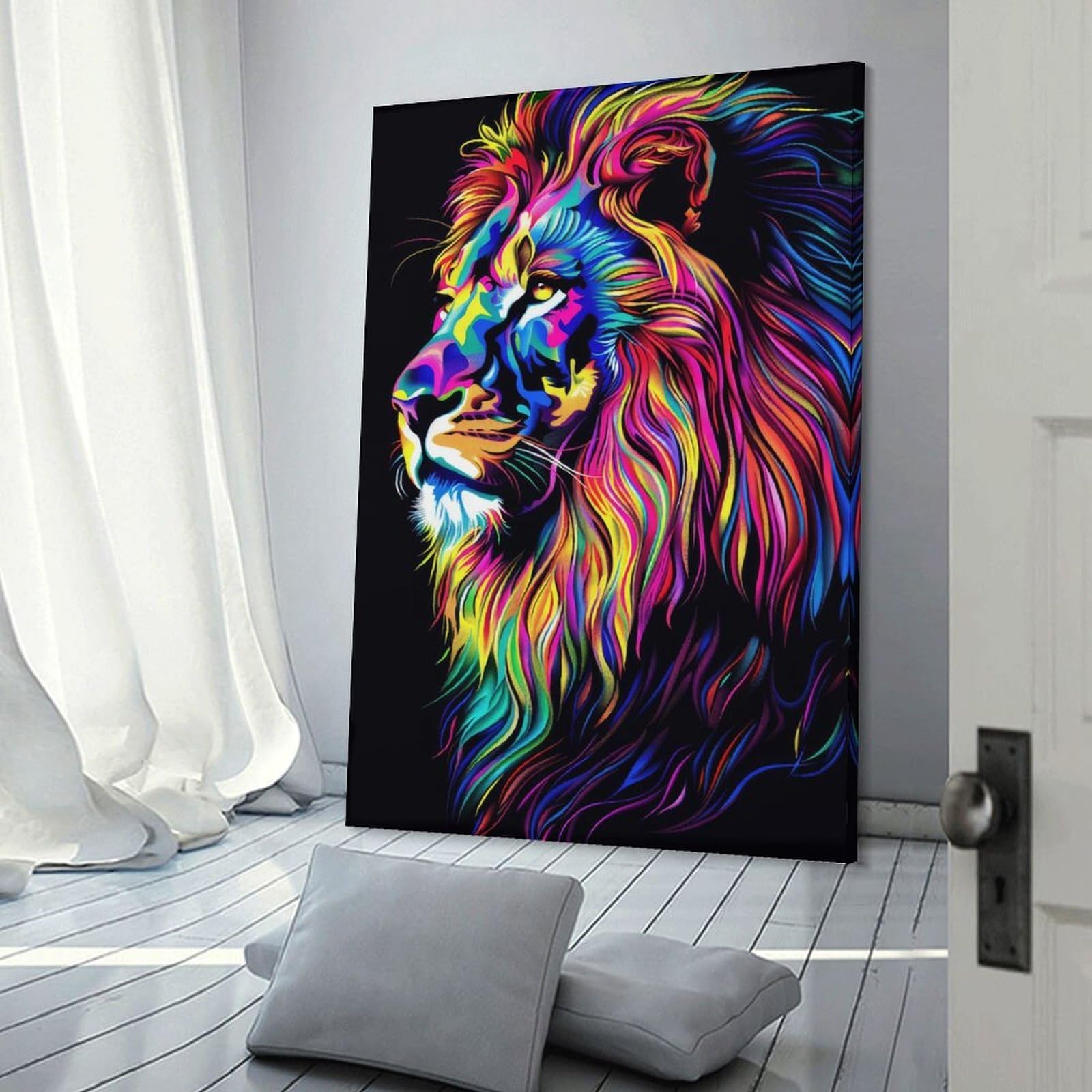 Junmoney Frame-Style-2-1 Wall Picture Print Neon Lion Illustration, 20X30inch(50X75cm), For Hallway, Bedroom Or Modern Interiors, Thoughtful Wall Decor For Art Lovers