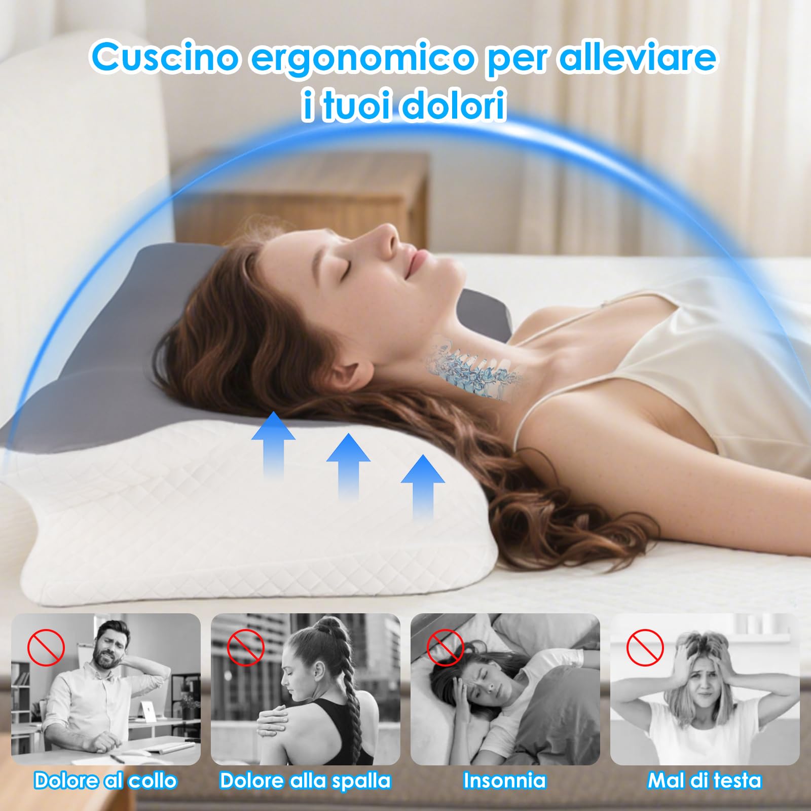 Dreamhigh® Cuscino Cervicale per Dormire, 2 in 1 Cuscino Memory Foam, Sollievo Efficace dal Dolore, Cuscino Ortopedico per Dormire sul Fianco, Schiena e Pancia, 63 x 42 cm x 9/12 cm