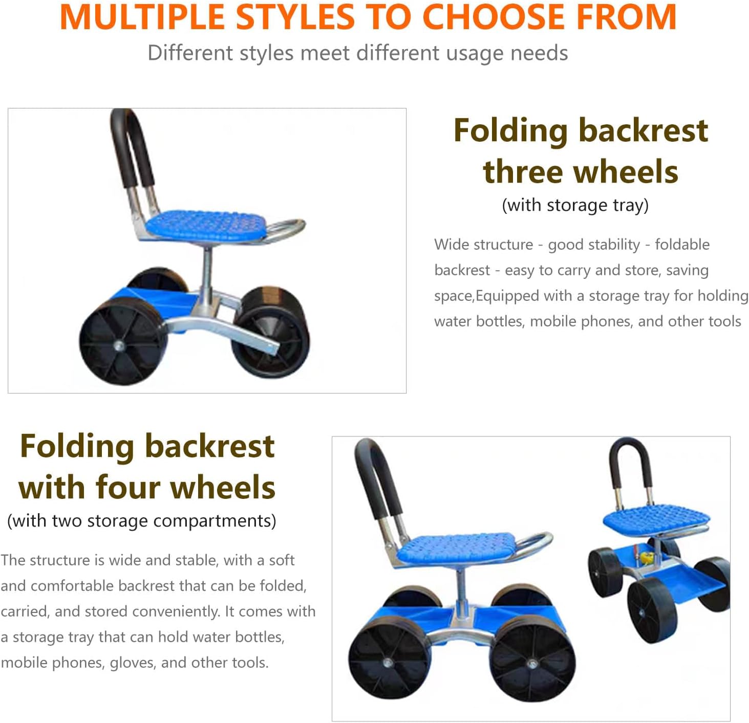 Auxiliary Gardening Chair with Wheels and Foldable backrest, Used for Outdoor Vegetable Picking and Bending Assistance During car Maintenance (Foldable Four-Wheel Storage Model)